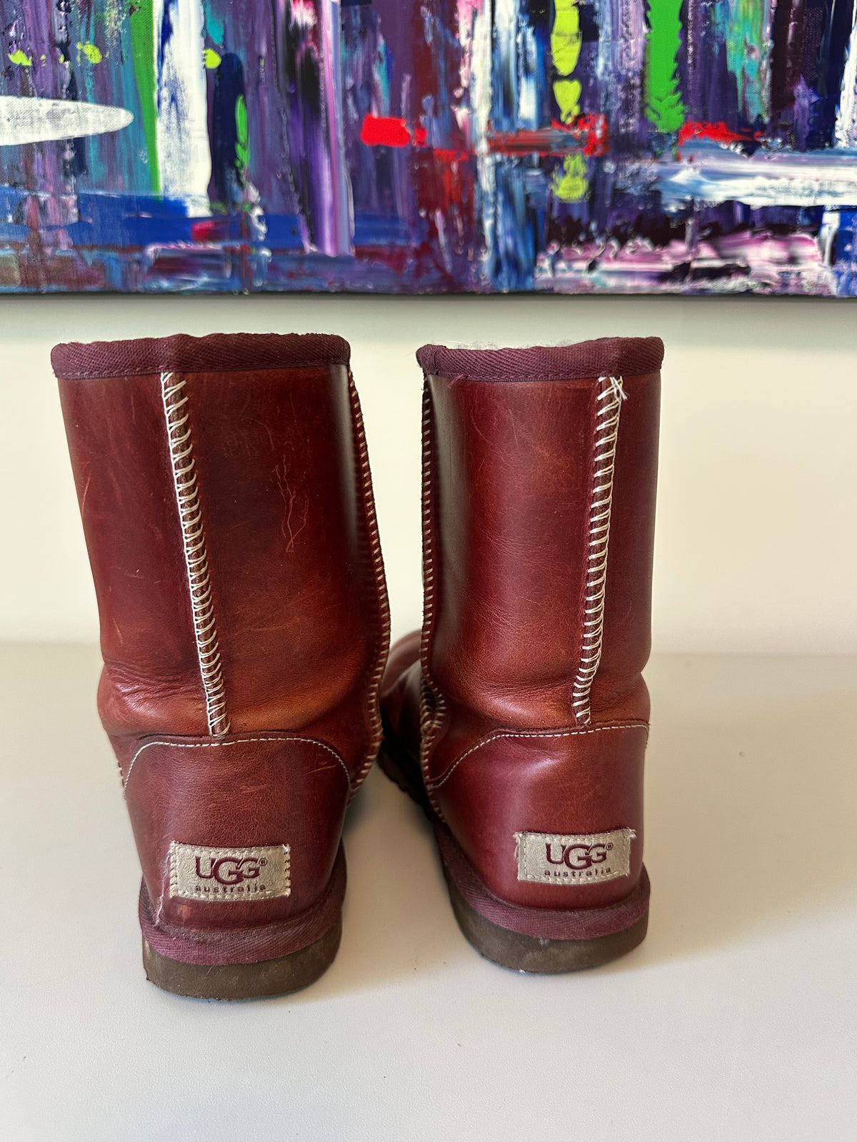 UGG Australia Classic Short Bomber Burgundy Leather Boots | Size 6