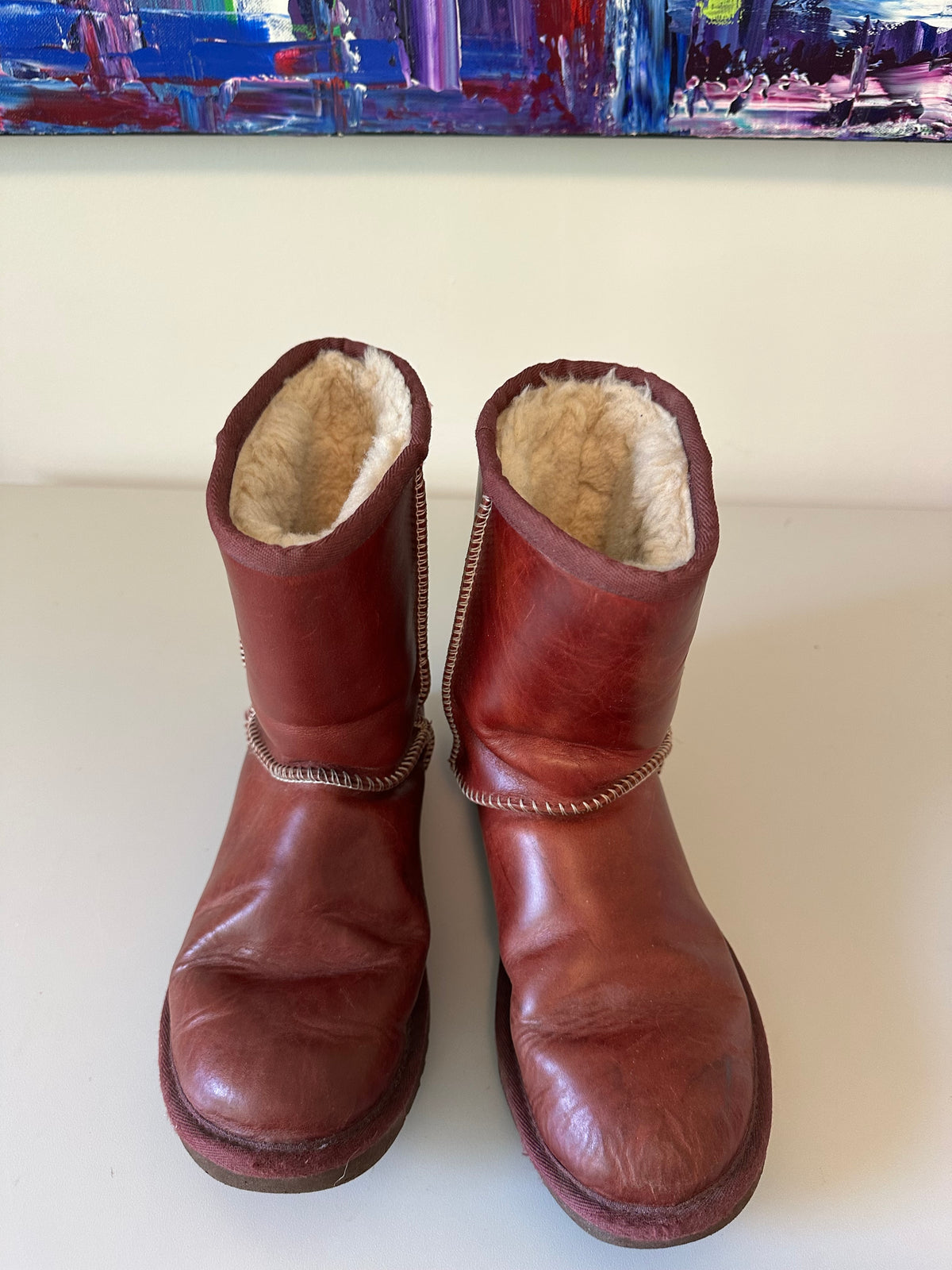 UGG Australia Classic Short Bomber Burgundy Leather Boots | Size 6