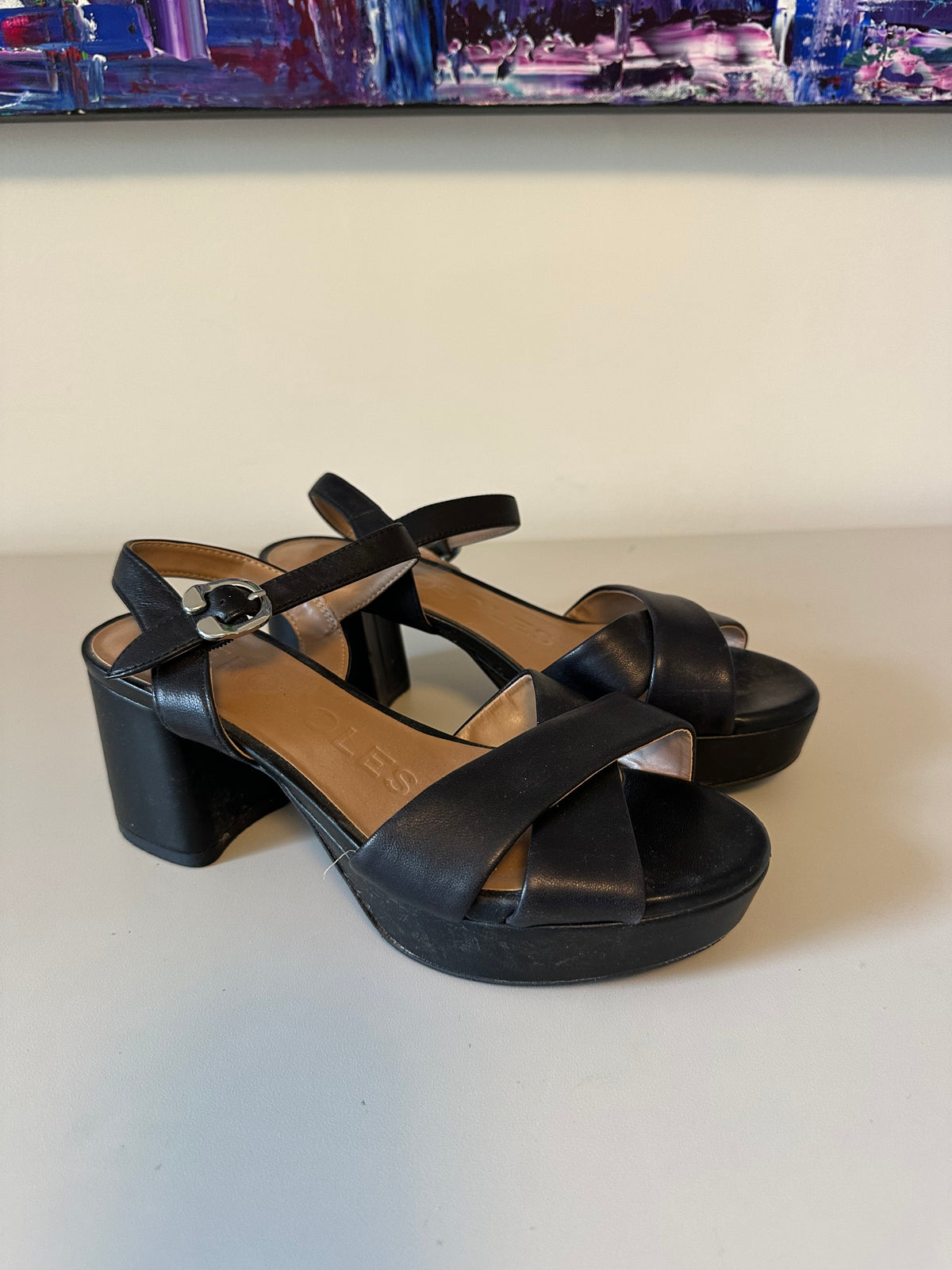Aerosoles Black Platform Block Heel Sandals with Ankle Strap | Size 5.5
