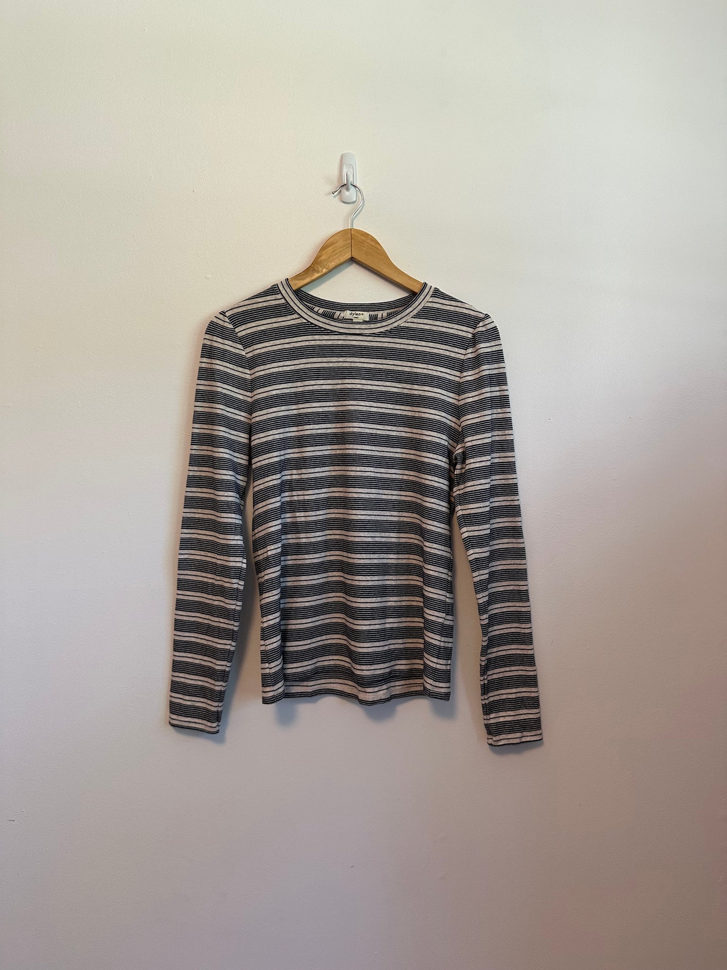 Dylan Navy Blue and White Striped Long Sleeve Cotton Crewneck Top | Size Small