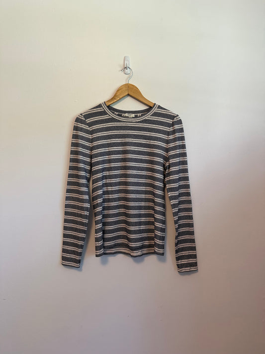 Dylan Navy Blue and White Striped Long Sleeve Cotton Crewneck Top | Size Small