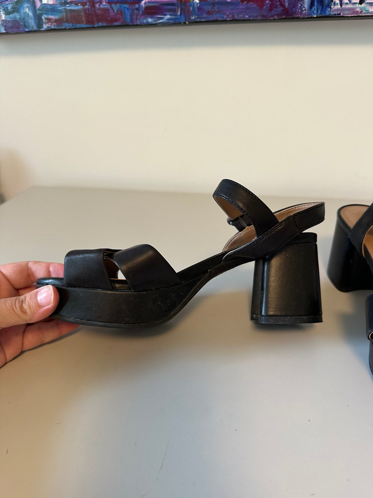 Aerosoles Black Platform Block Heel Sandals with Ankle Strap | Size 5.5