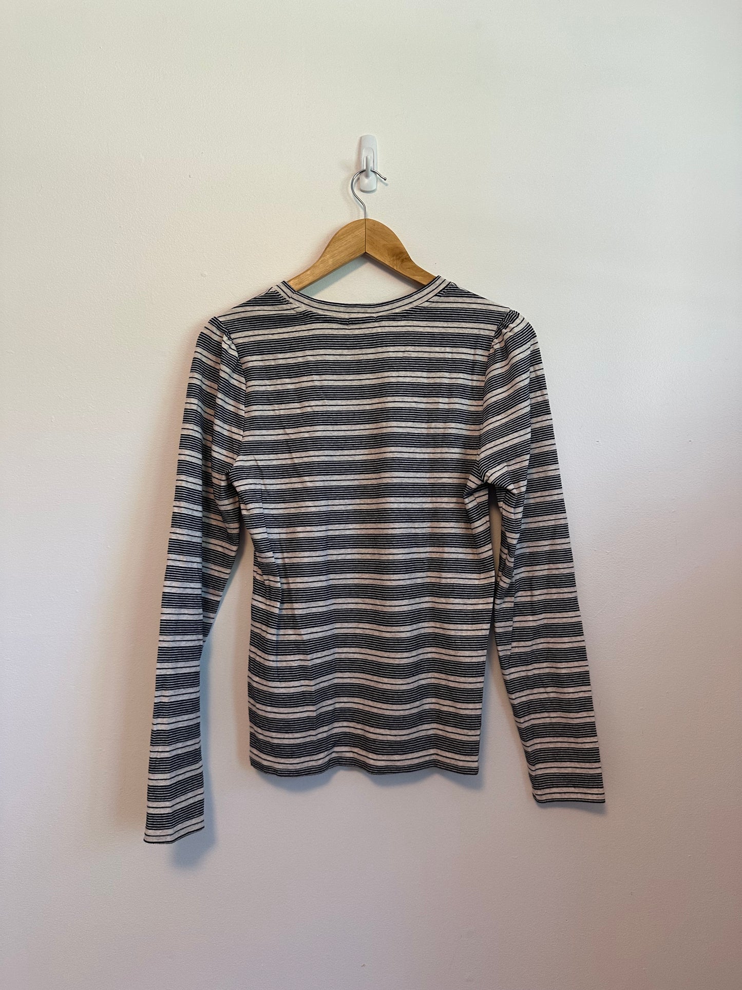 Dylan Navy Blue and White Striped Long Sleeve Cotton Crewneck Top | Size Small