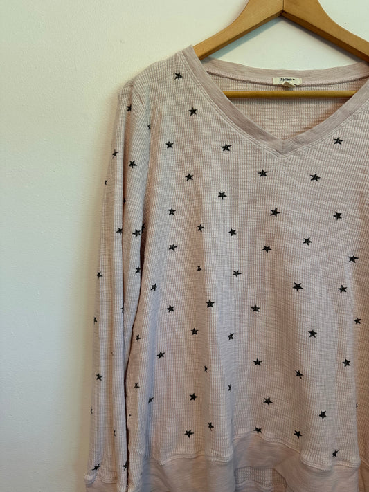 Dylan Pink Waffle Knit Star Print Thermal Long Sleeve V-Neck Top | Size Small