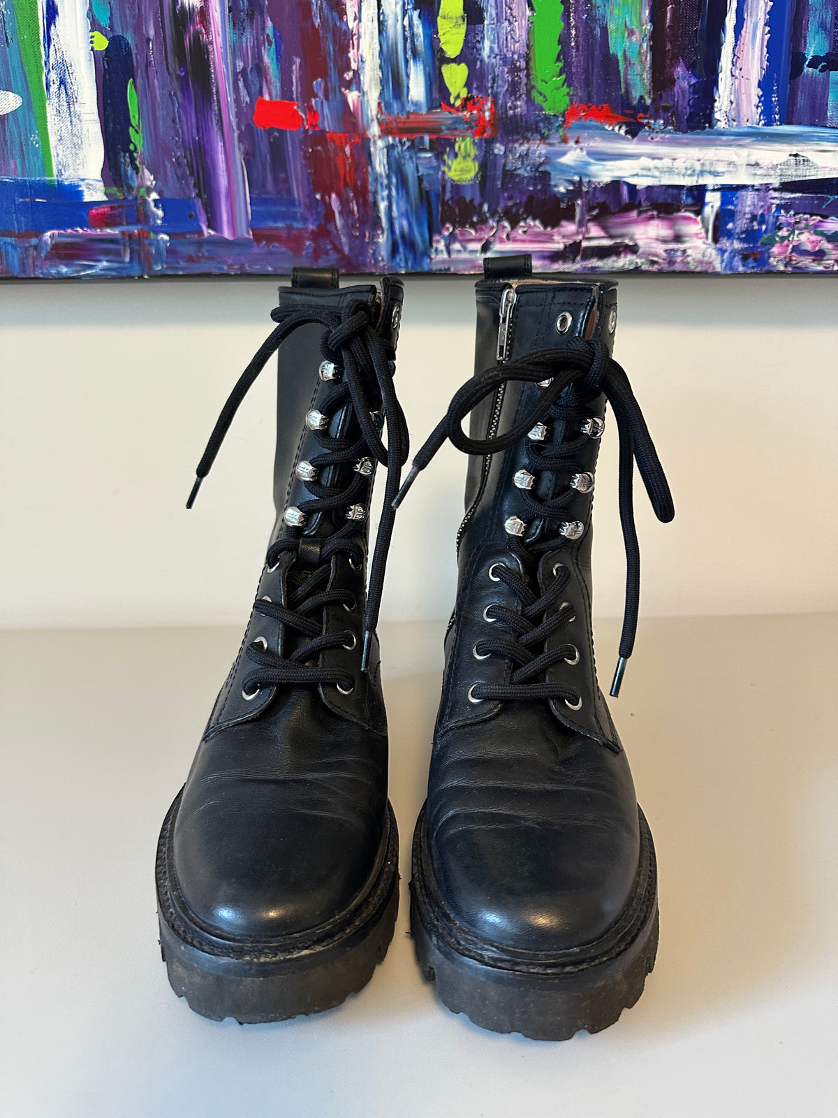 Frye Veronica Black Leather Lace Up Side Zip Lug Sole Combat Boots