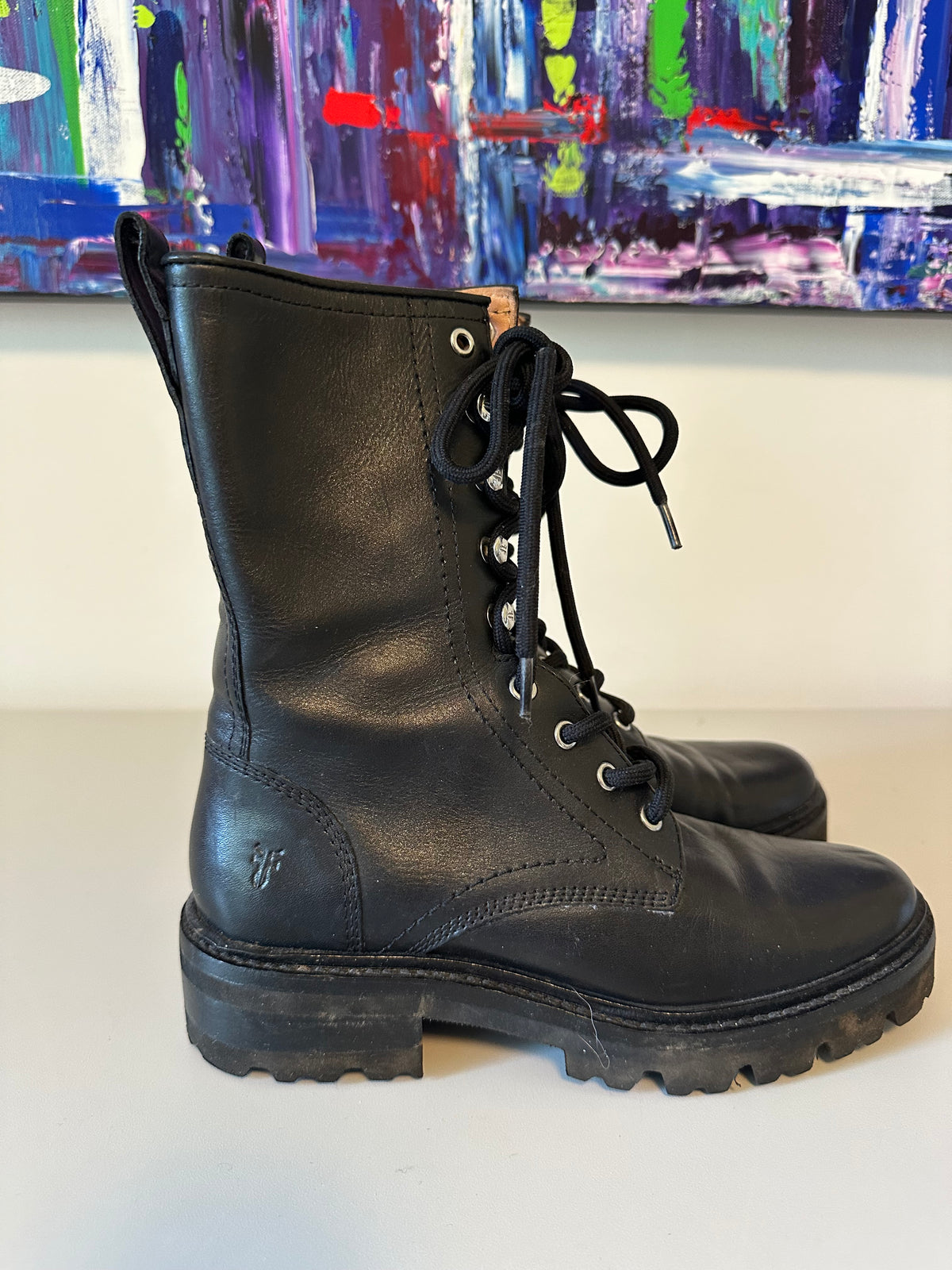Frye Veronica Black Leather Lace Up Side Zip Lug Sole Combat Boots
