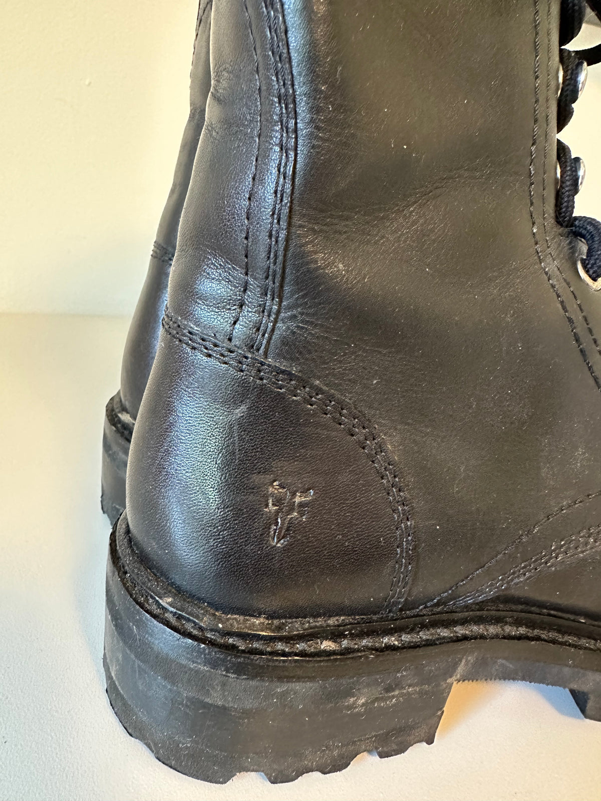 Frye Veronica Black Leather Lace Up Side Zip Lug Sole Combat Boots