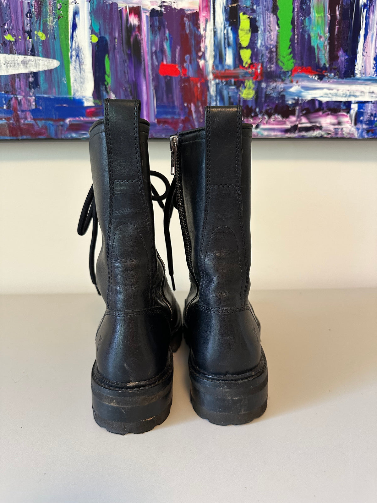 Frye Veronica Black Leather Lace Up Side Zip Lug Sole Combat Boots