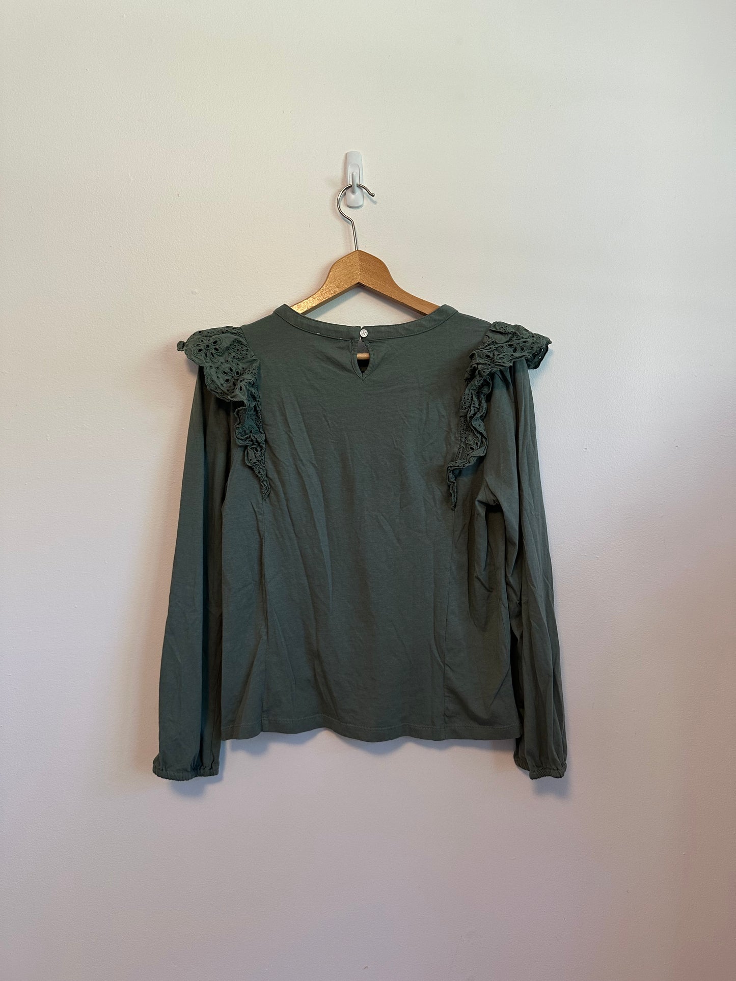 J. Crew Sage Green Eyelet Ruffle Long Sleeve Cotton Top Blouse | Size Medium