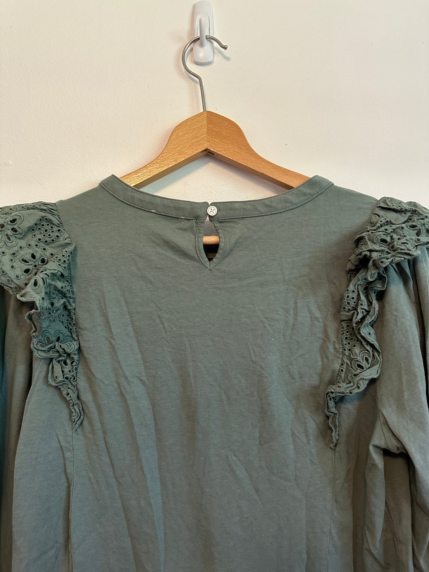 J. Crew Sage Green Eyelet Ruffle Long Sleeve Cotton Top Blouse | Size Medium