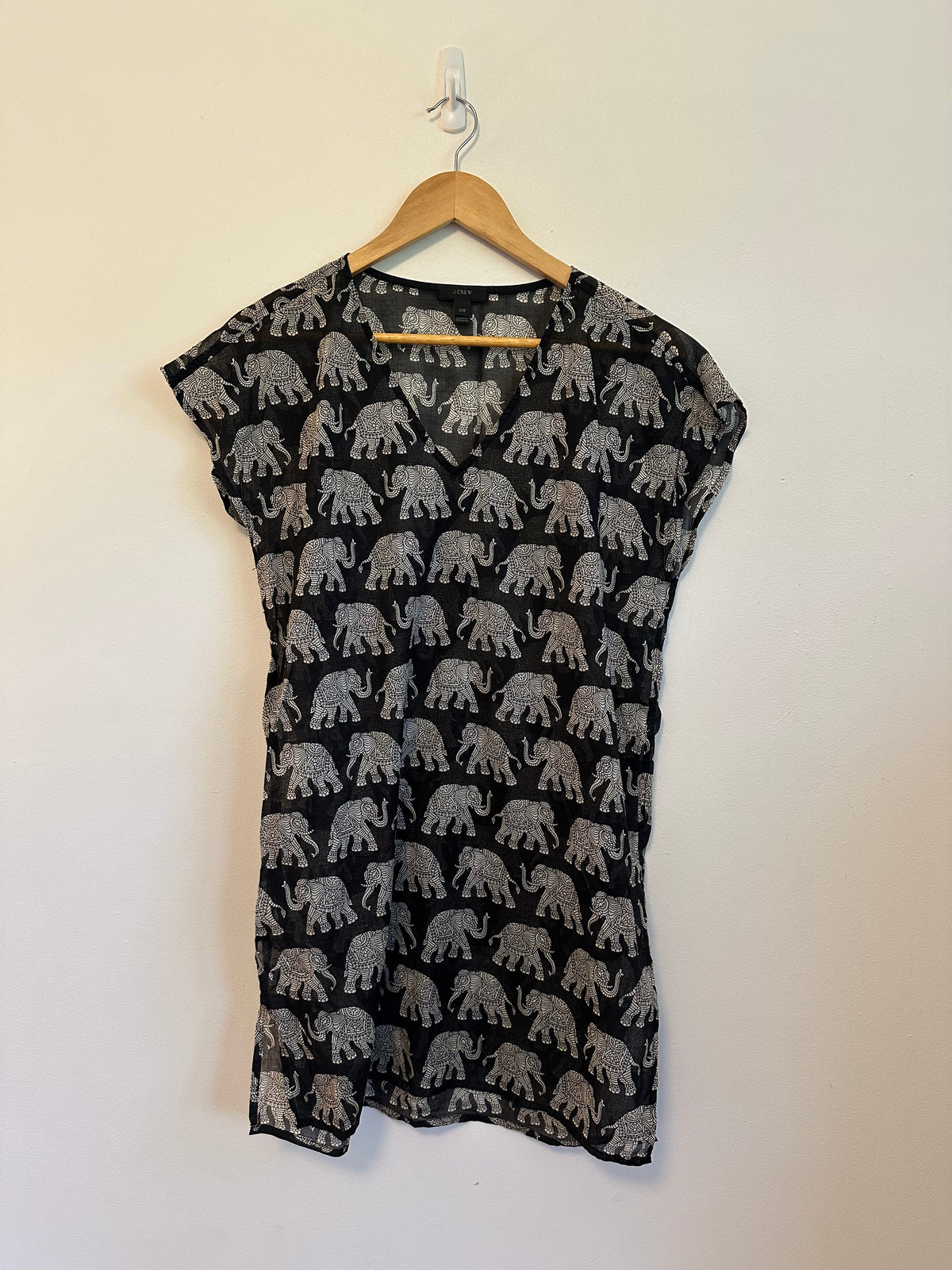 J. Crew Black and White Elephant Print Cotton V-Neck Swim Cover-Up | Size XXS