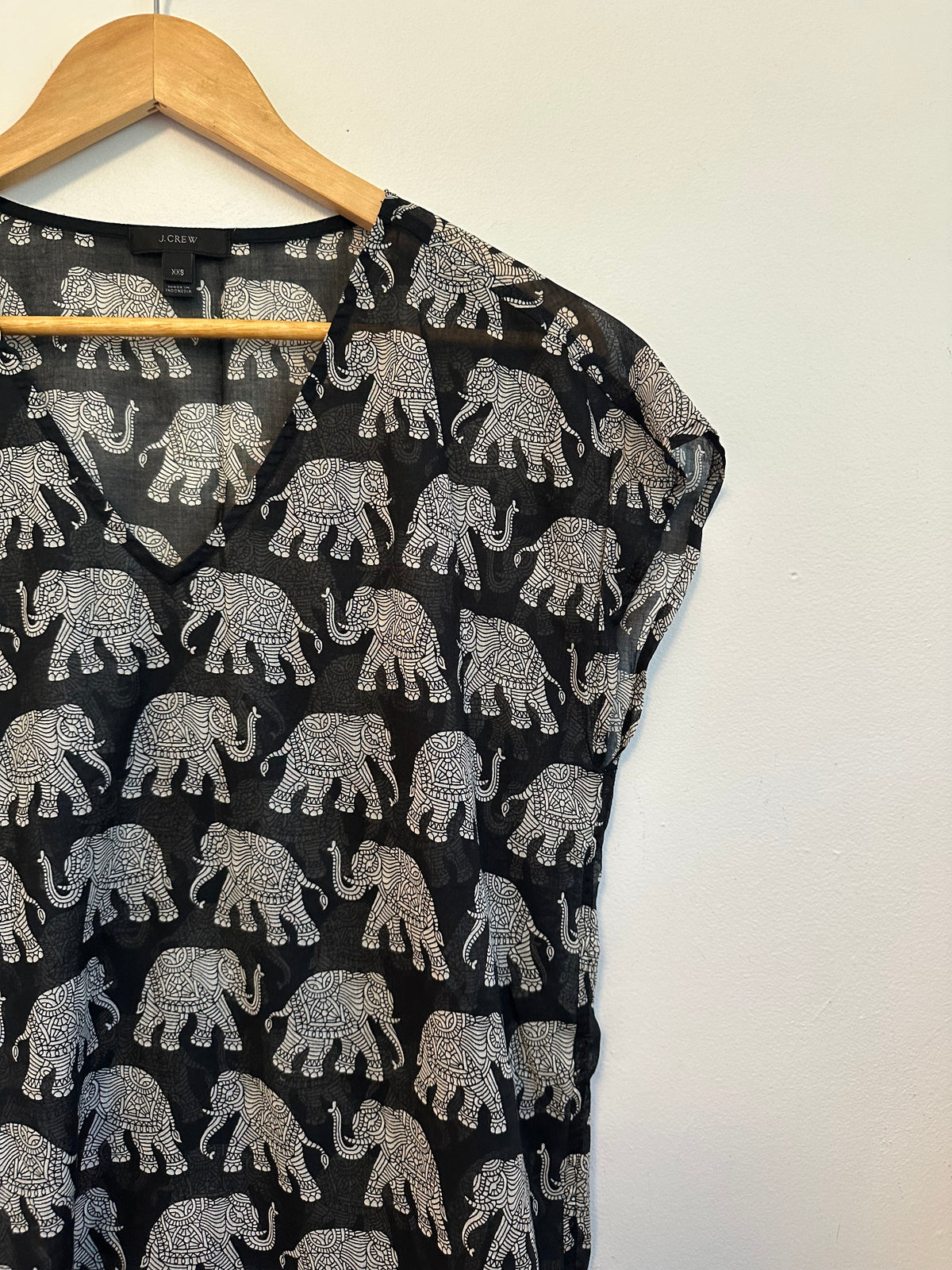J. Crew Black and White Elephant Print Cotton V-Neck Swim Cover-Up | Size XXS