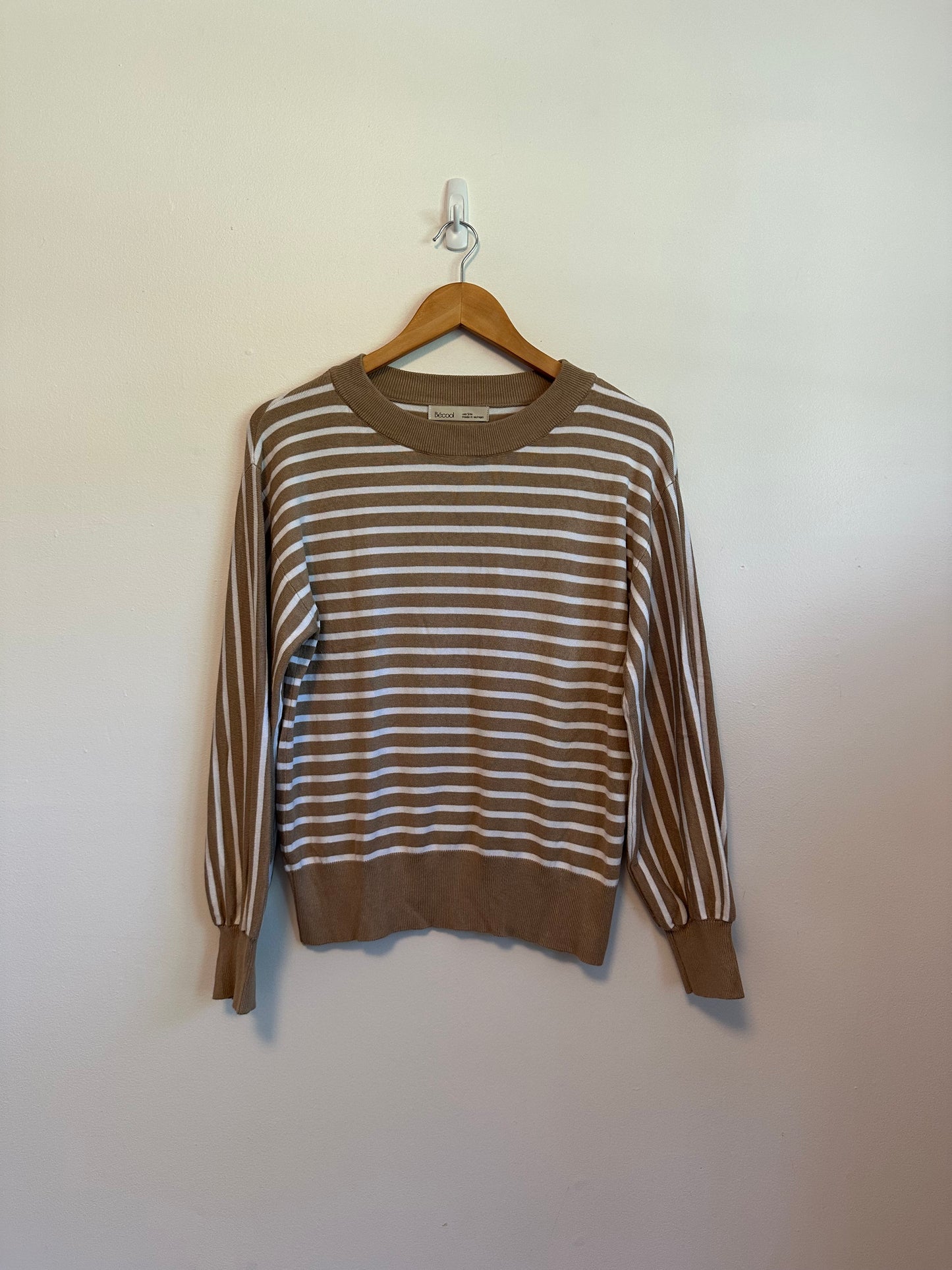 Be Cool Tan and White Striped Long Sleeve Knit Top | Size S/M