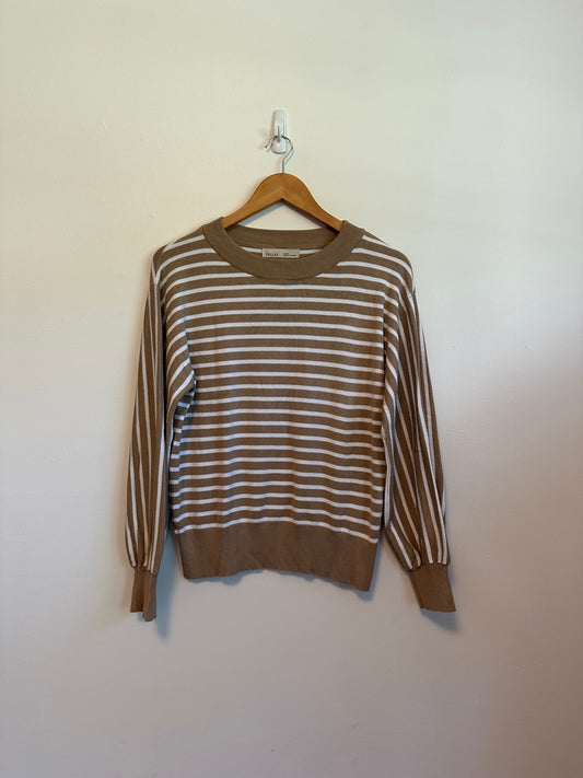 Be Cool Tan and White Striped Long Sleeve Knit Top | Size S/M