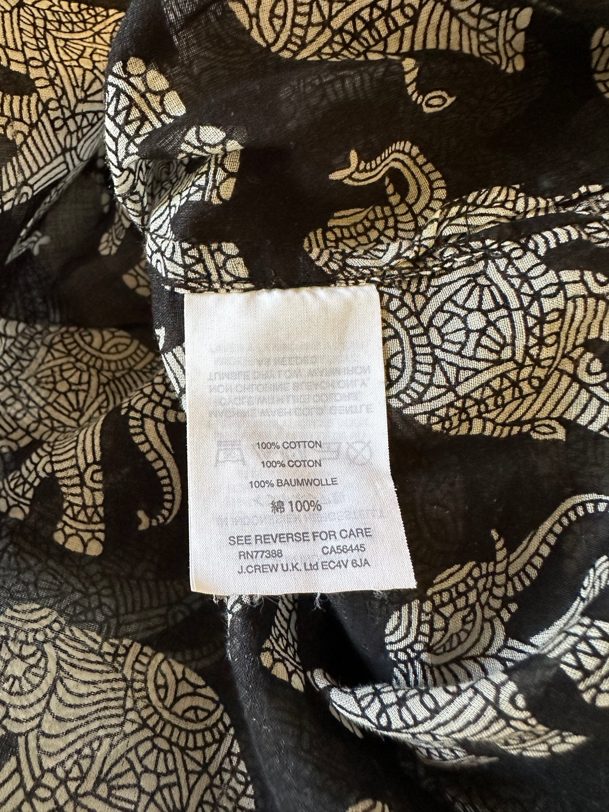 J. Crew Black and White Elephant Print Cotton V-Neck Swim Cover-Up | Size XXS