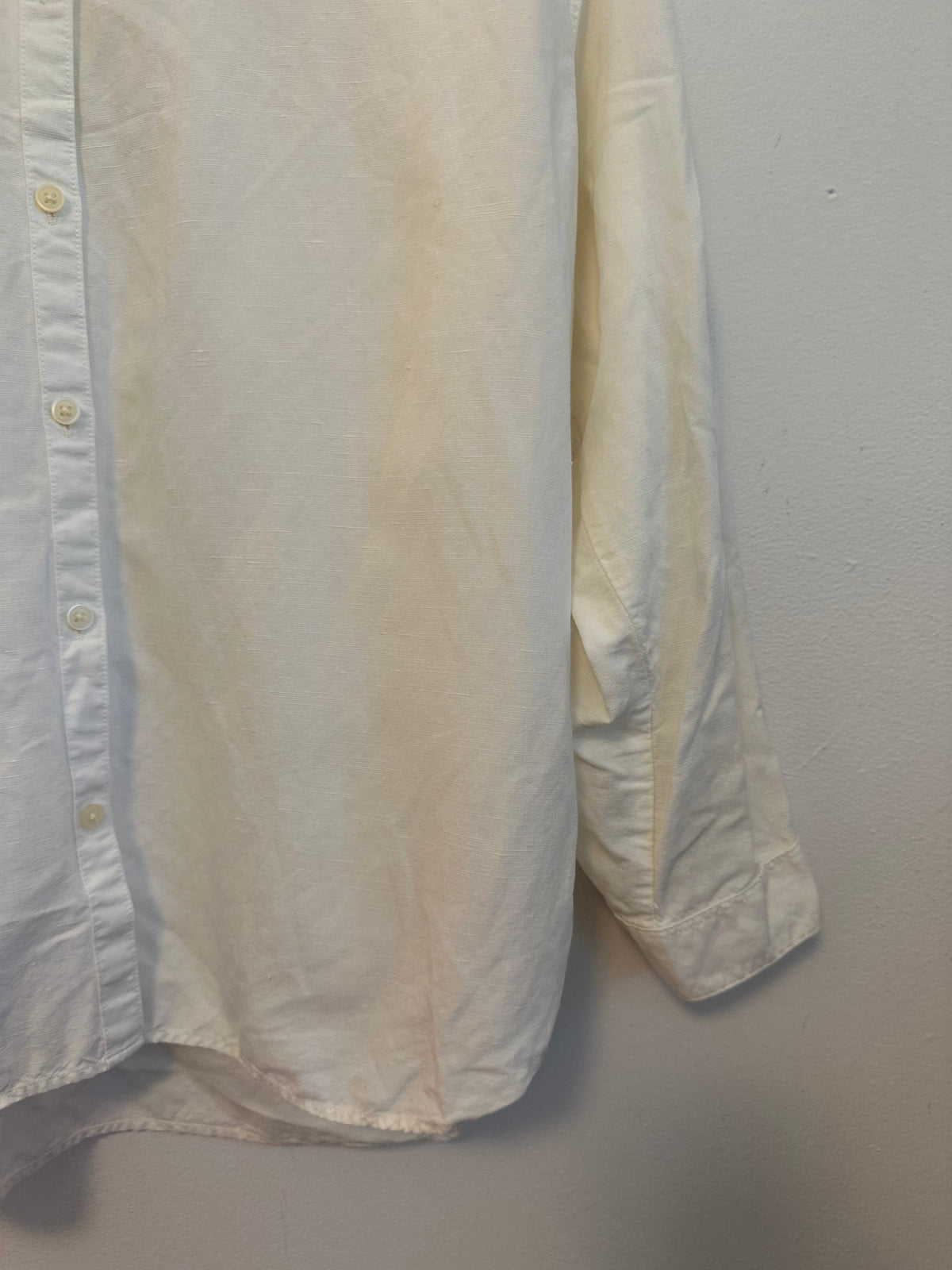 Uniqlo Off White Linen Blend Band Collar Button Up Shirt | Size XS