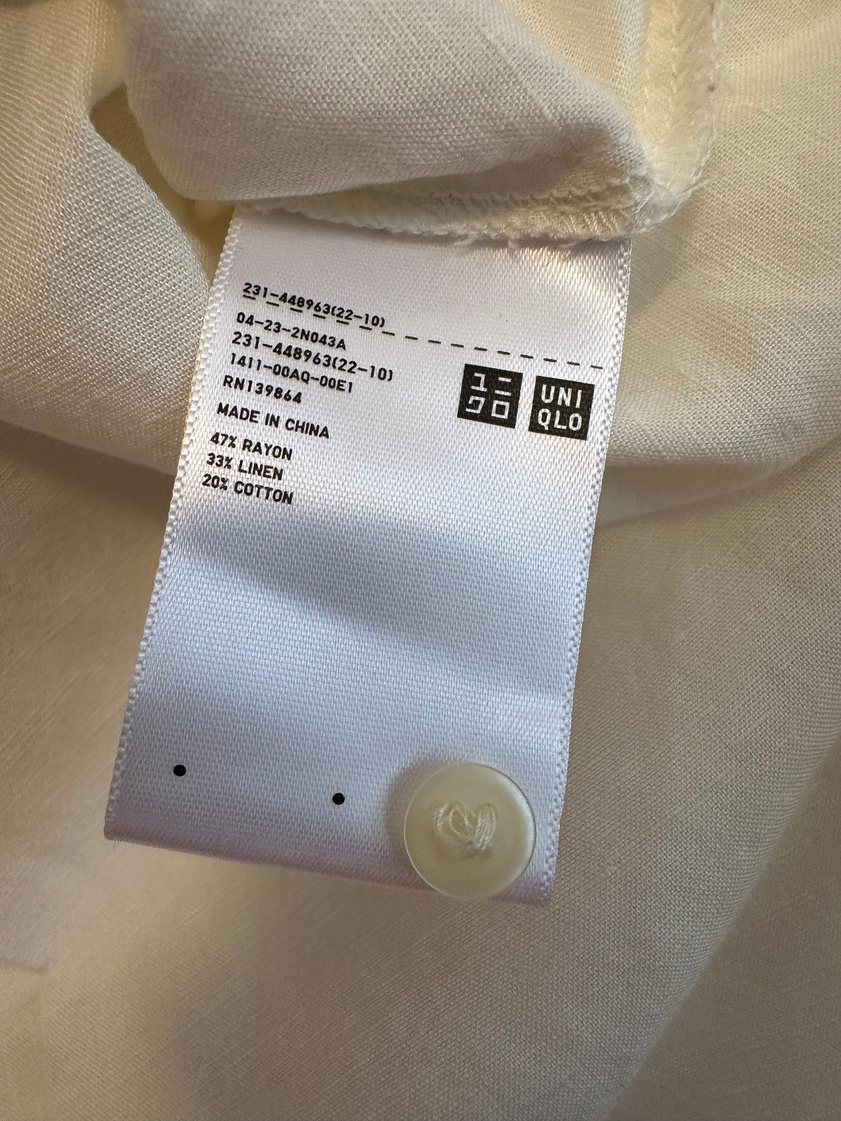 Uniqlo Off White Linen Blend Band Collar Button Up Shirt | Size XS