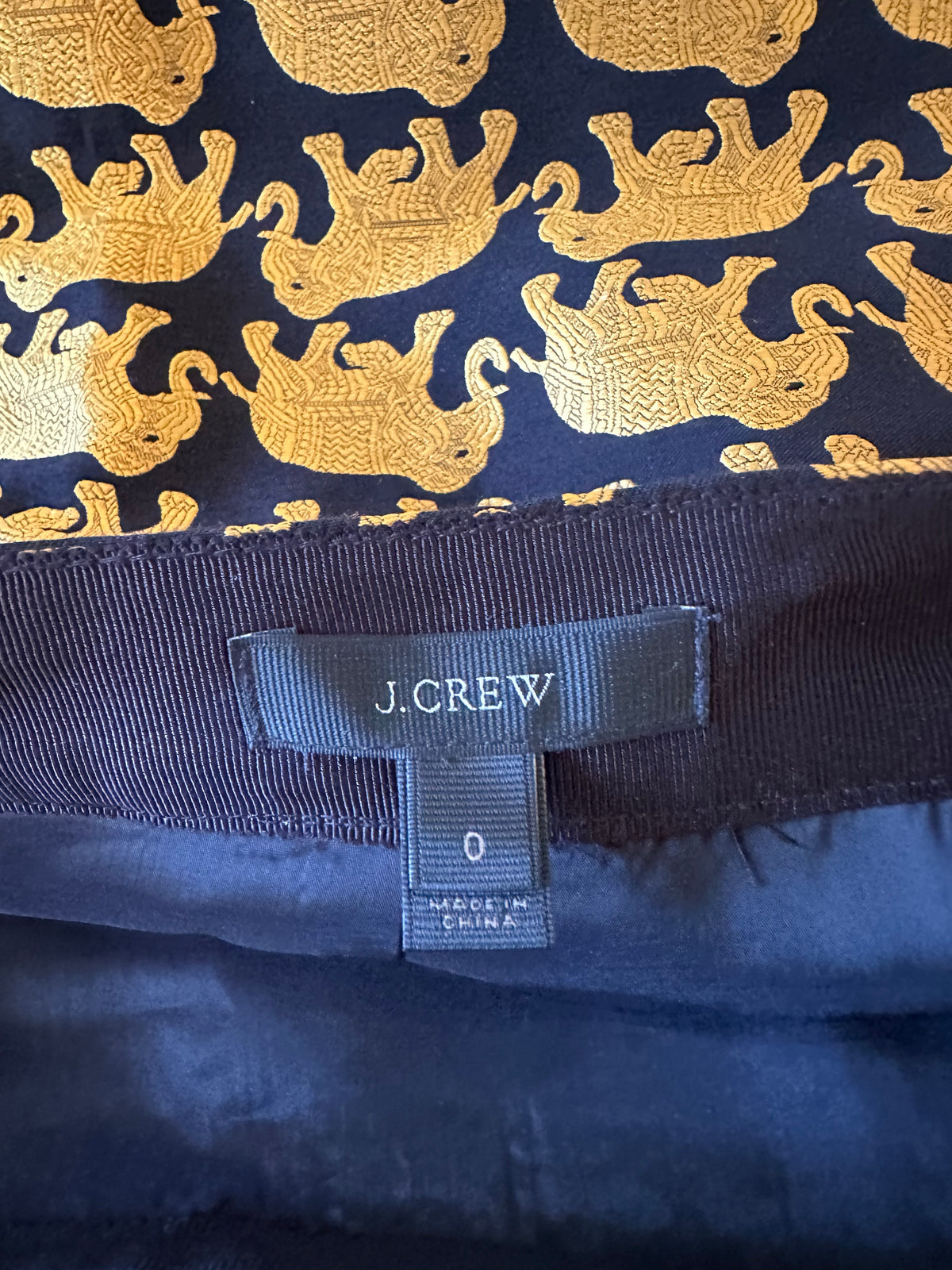 J. Crew Navy and Gold Elephant Jacquard Wrap Mini Skirt | Size 0
