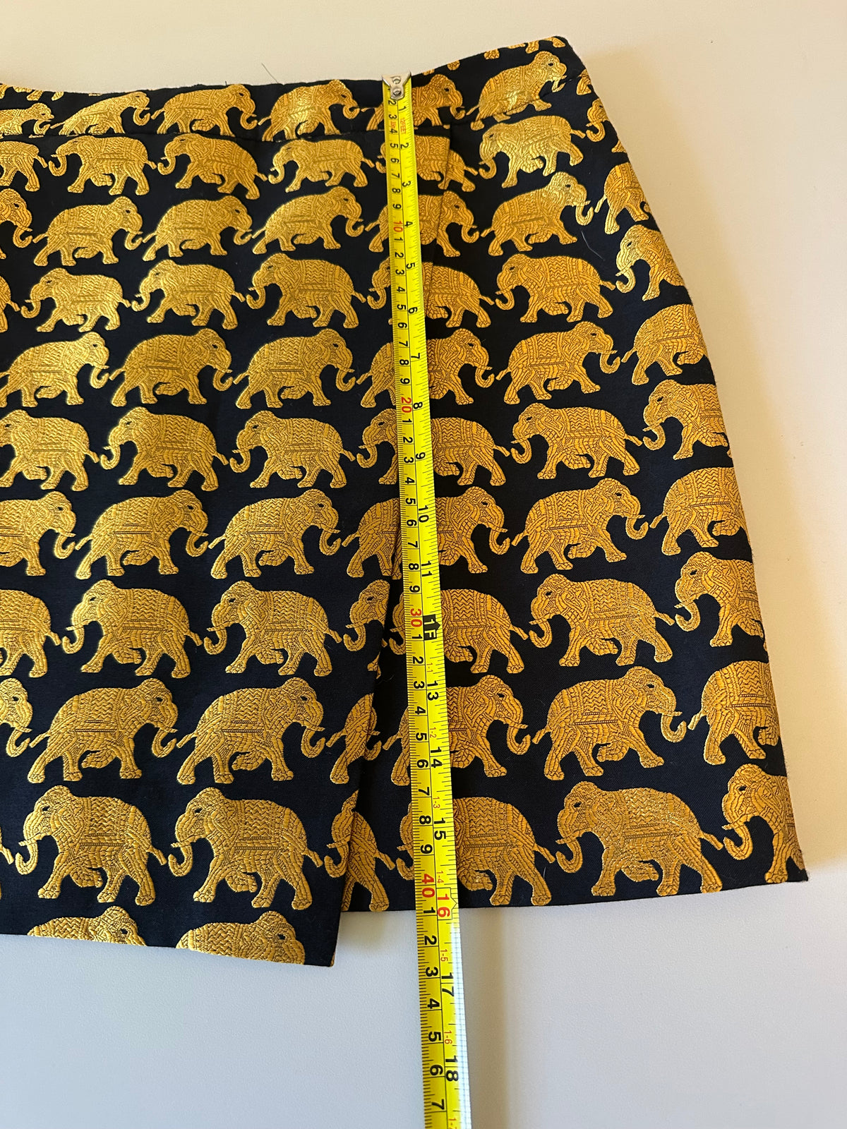 J. Crew Navy and Gold Elephant Jacquard Wrap Mini Skirt | Size 0