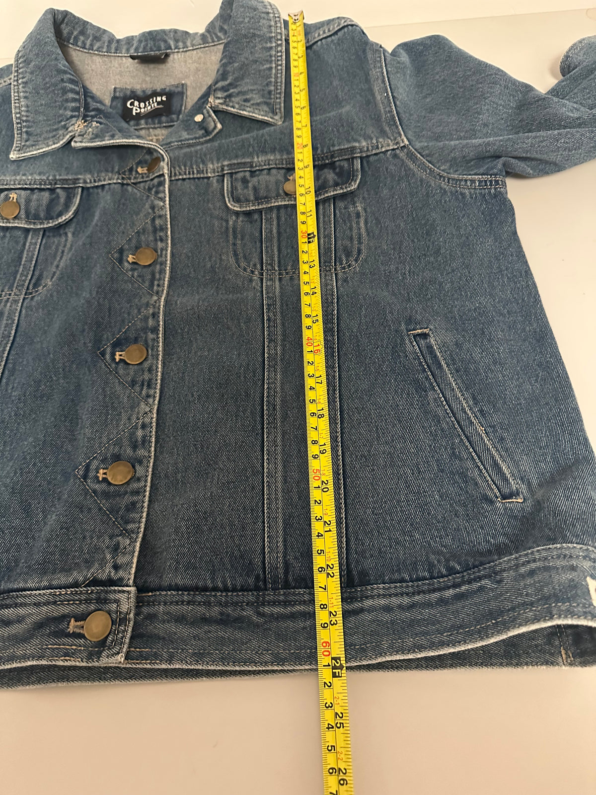 Crossing Pointe Blue Denim Trucker Jacket with Feather Back Patch in Cotton | Size XS