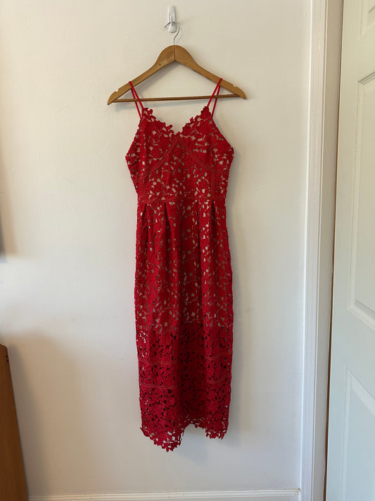Style Red Nude Lace Eyelet Midi Dress | Size XS‎