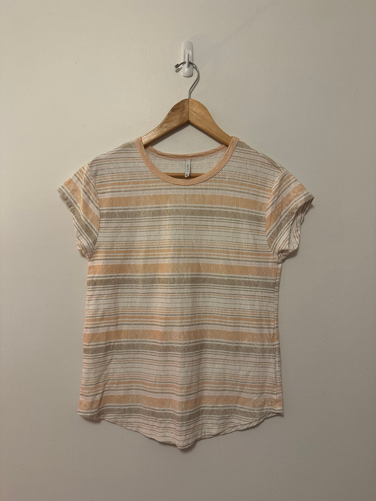 Z Supply Peach and Tan Striped Cotton Slub Curved Hem Tee | Size XS