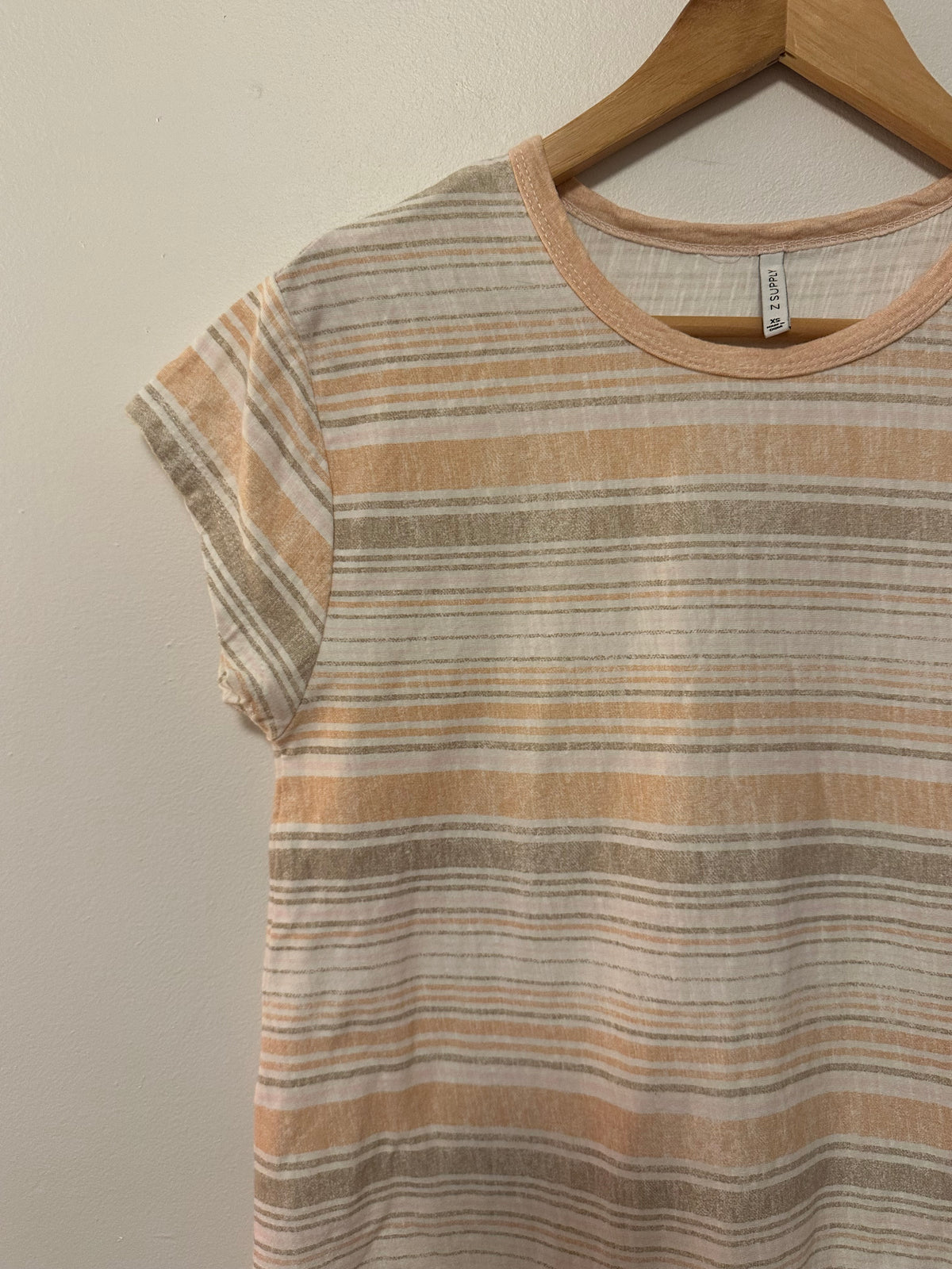 Z Supply Peach and Tan Striped Cotton Slub Curved Hem Tee | Size XS