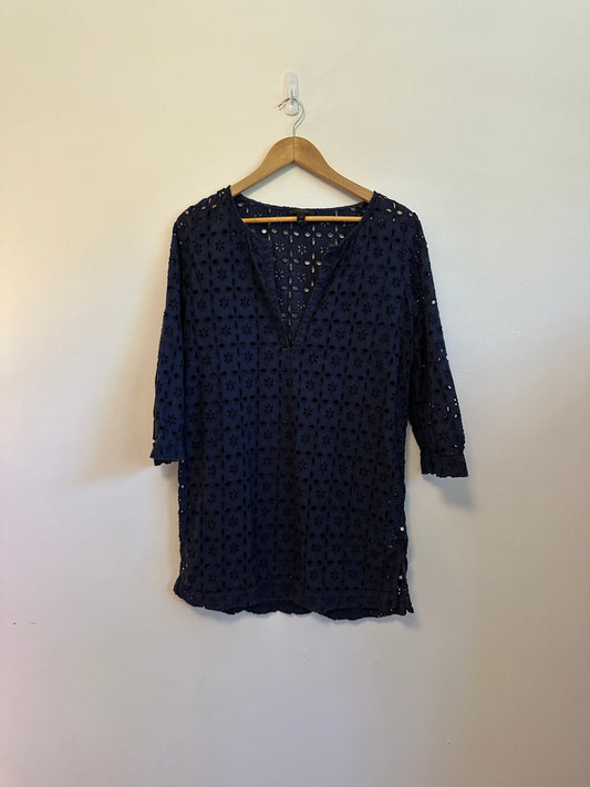 J. Crew Navy Blue Eyelet V-Neck 3/4 Sleeve Cotton Tunic Blouse | Size Small