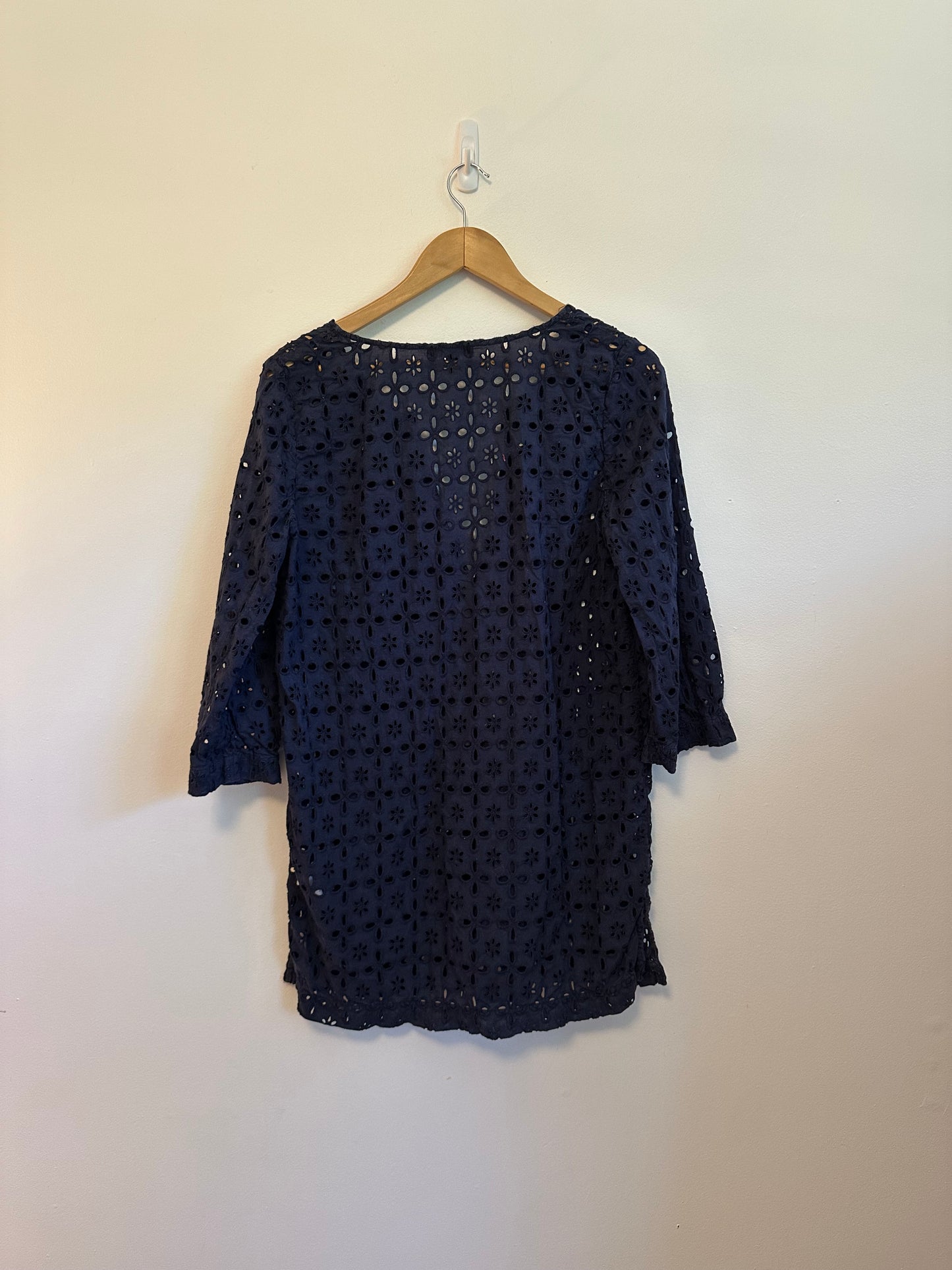 J. Crew Navy Blue Eyelet V-Neck 3/4 Sleeve Cotton Tunic Blouse | Size Small