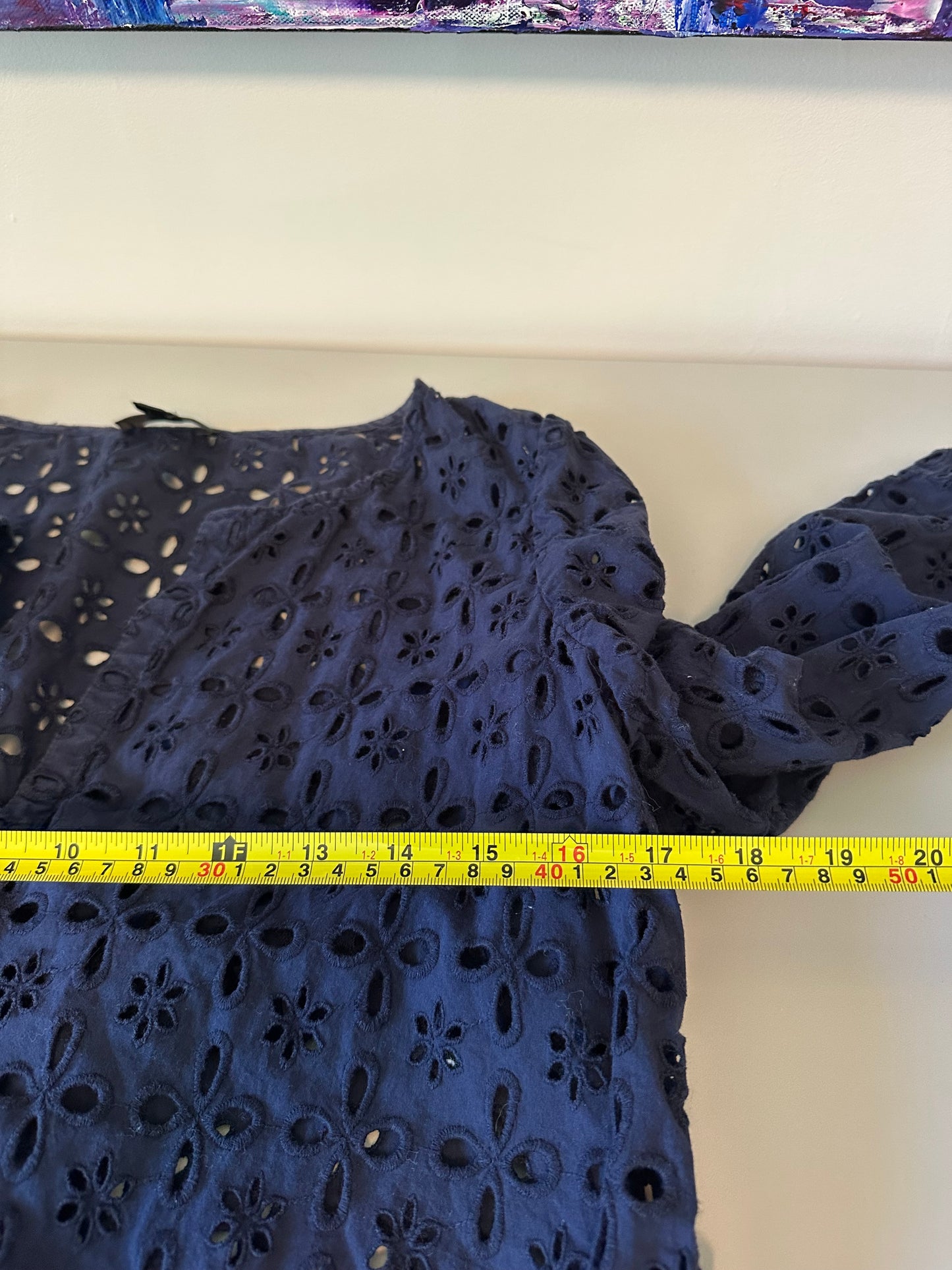 J. Crew Navy Blue Eyelet V-Neck 3/4 Sleeve Cotton Tunic Blouse | Size Small