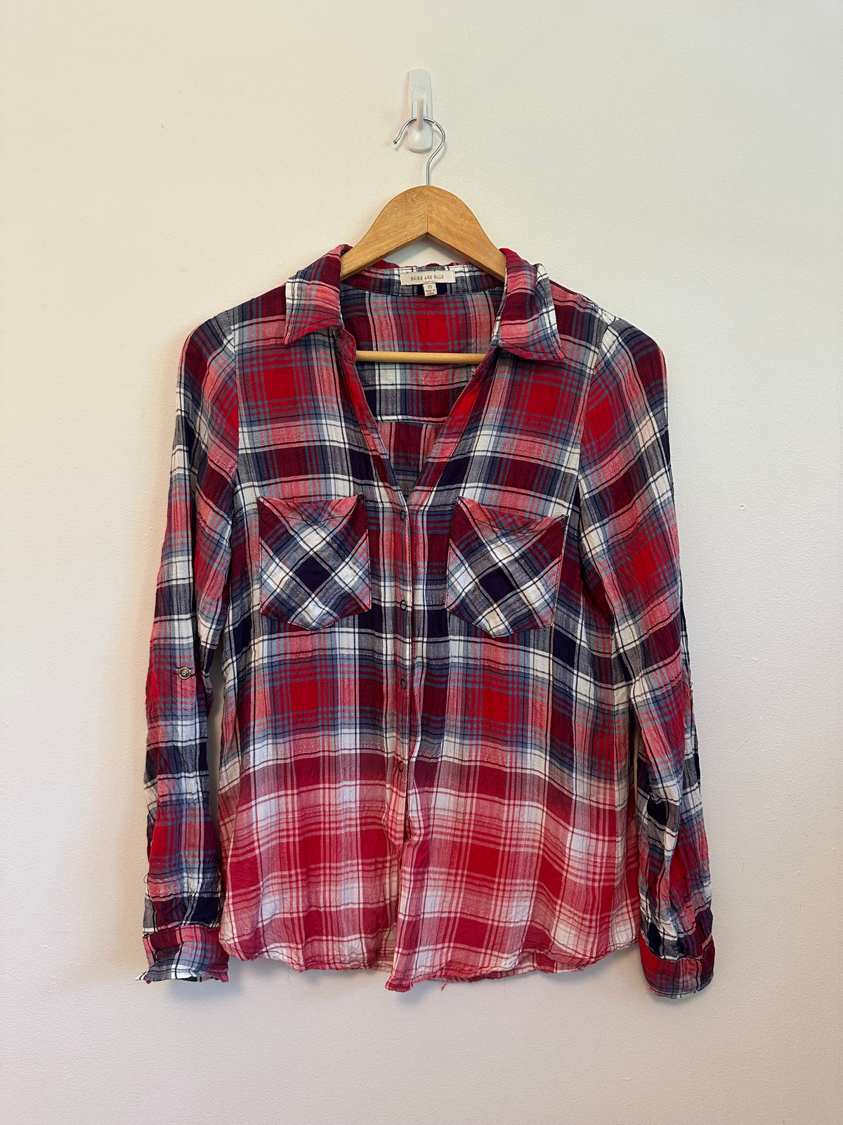 Skies Are Blue Red and Navy Blue Plaid Rayon Button Down Shirt | Size XS