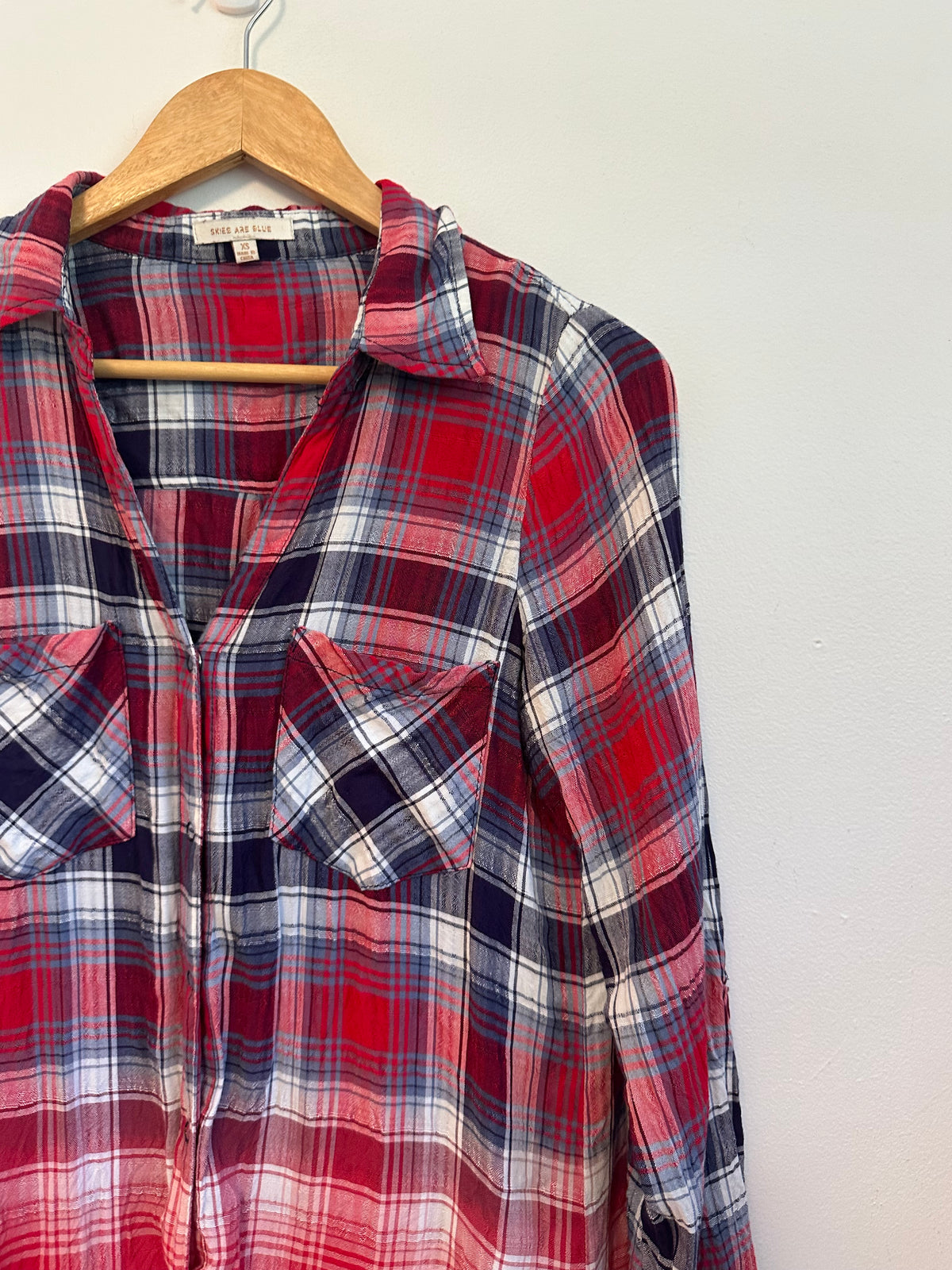 Skies Are Blue Red and Navy Blue Plaid Rayon Button Down Shirt | Size XS