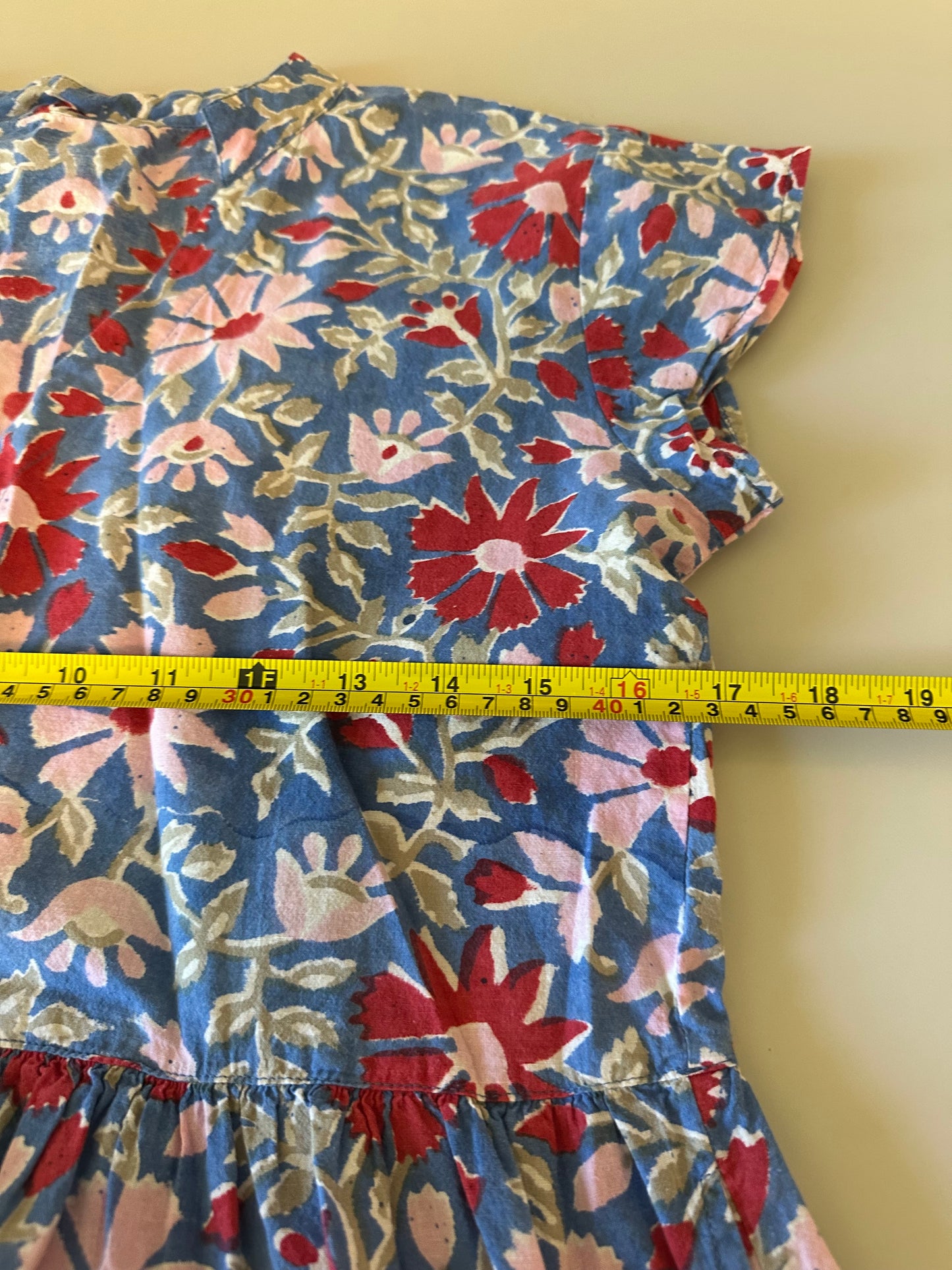 Blue Floral Block Print Tiered V-Neck Cap Sleeve Mini Dress | Size Small