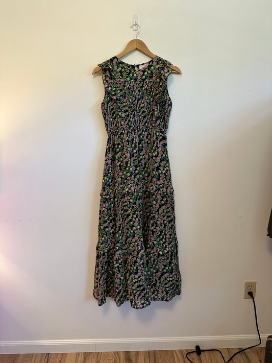 Banjanan Iris Black Floral Smocked Ruffle Tiered Maxi Dress | Size Small