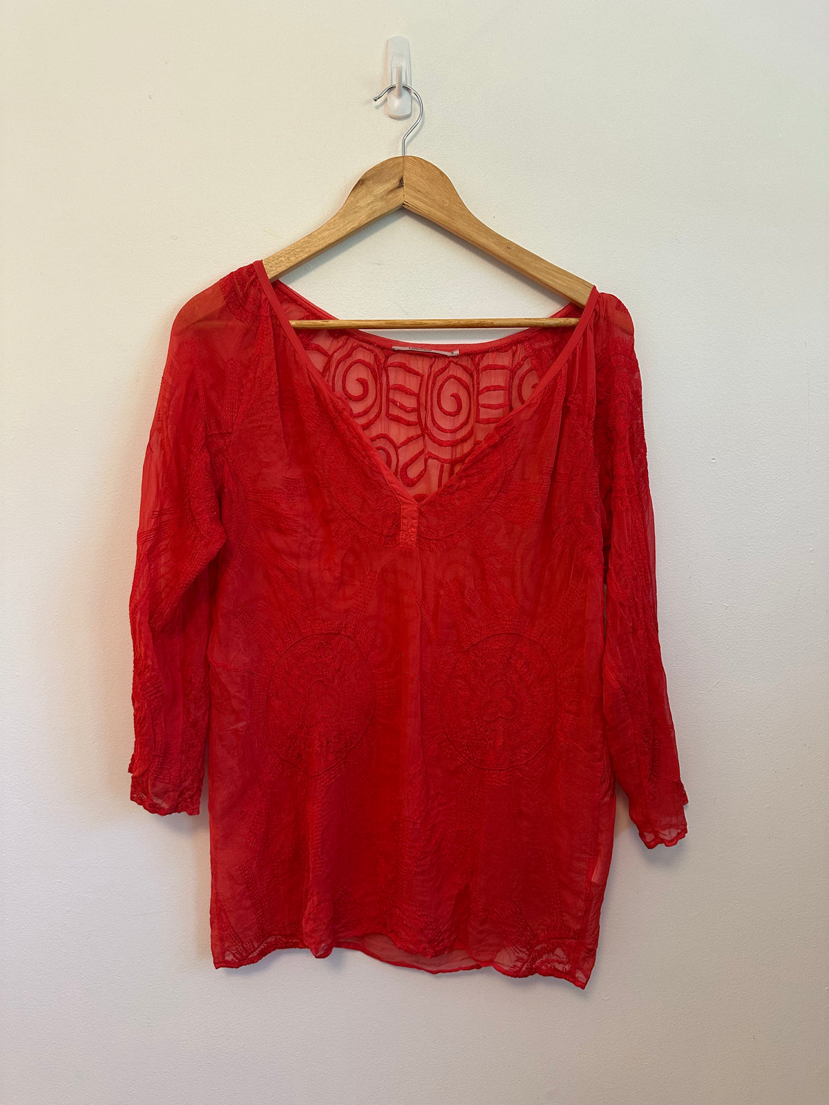 Language Red 100% Silk Embroidered V-Neck Sheer Blouse | Size Small
