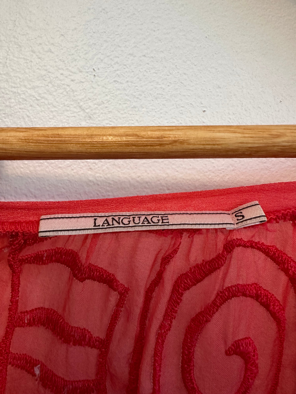 Language Red 100% Silk Embroidered V-Neck Sheer Blouse | Size Small