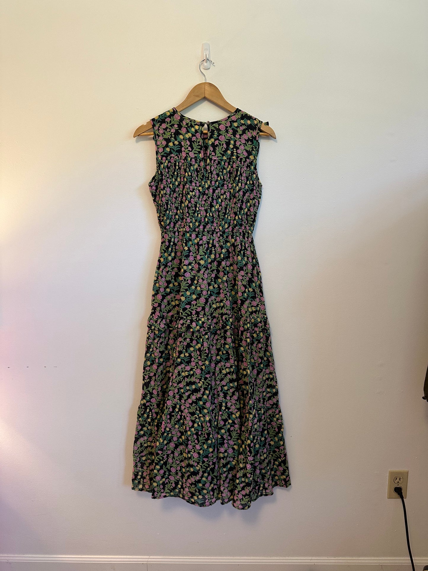 Banjanan Iris Black Floral Smocked Ruffle Tiered Maxi Dress | Size Small