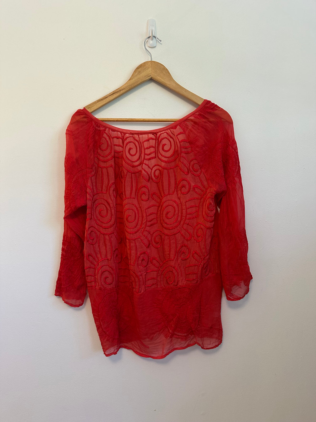 Language Red 100% Silk Embroidered V-Neck Sheer Blouse | Size Small