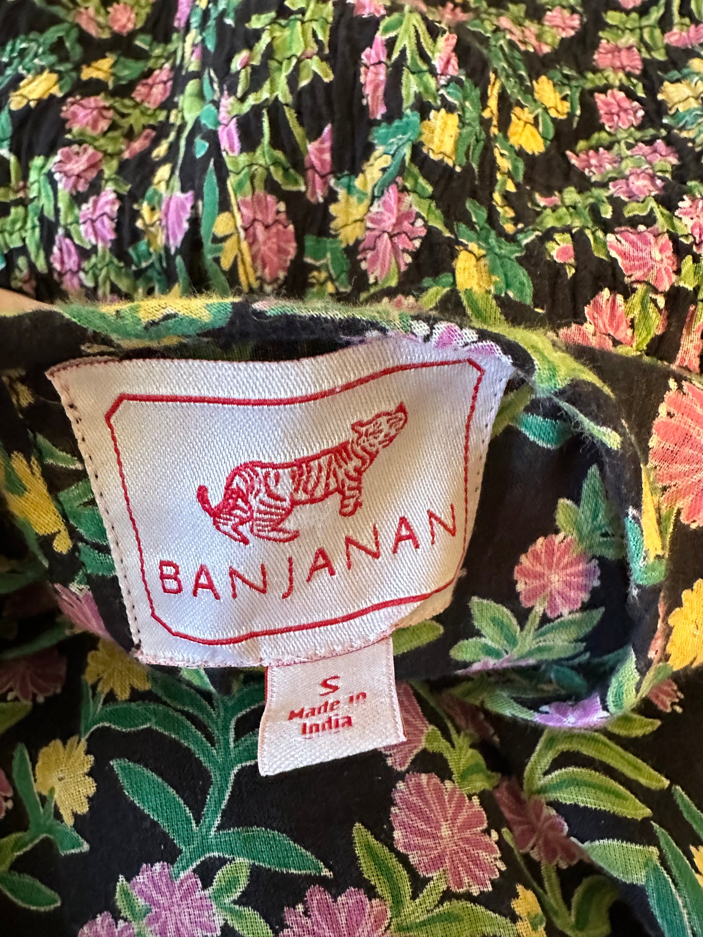 Banjanan Iris Black Floral Smocked Ruffle Tiered Maxi Dress | Size Small