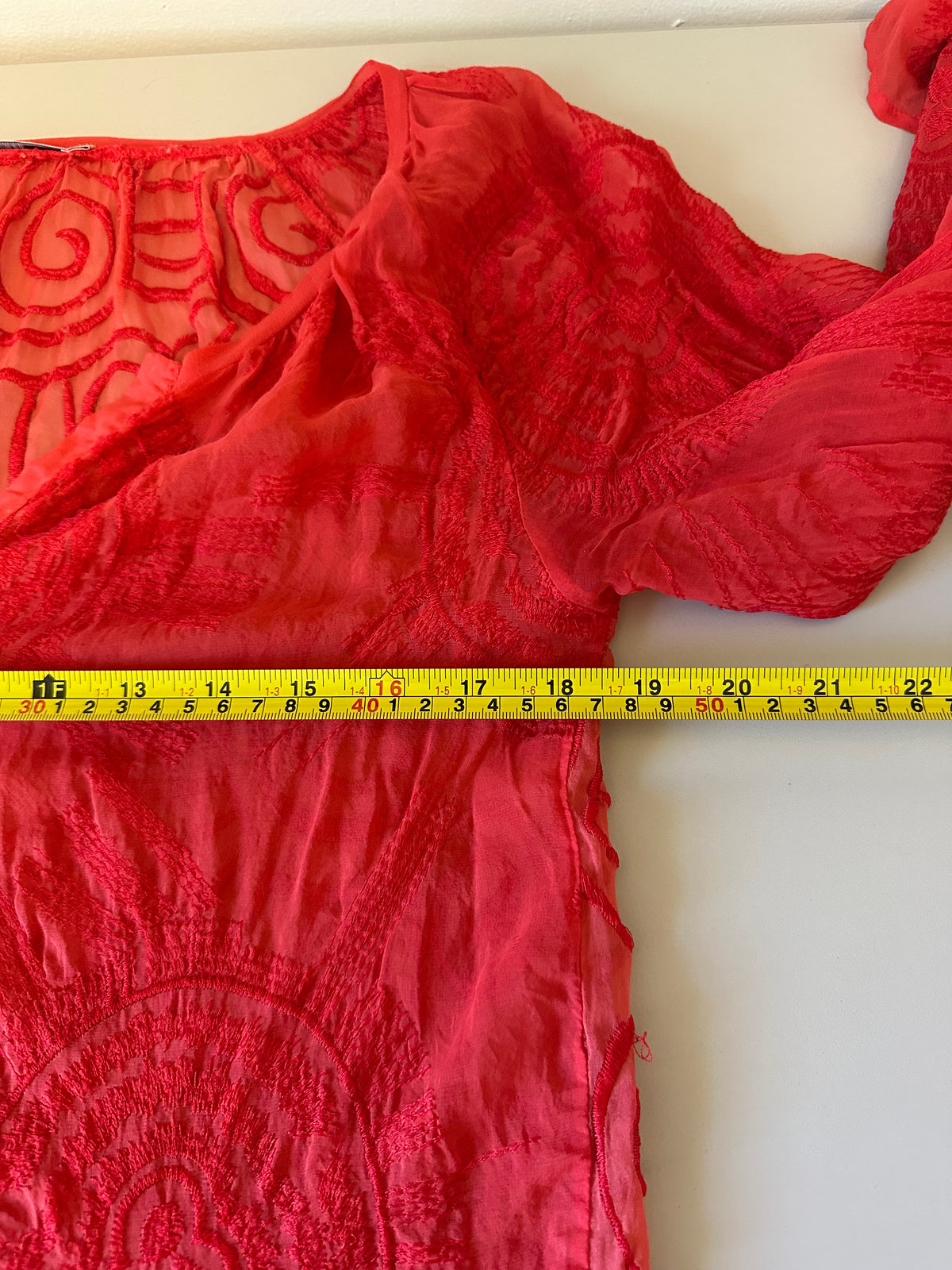 Language Red 100% Silk Embroidered V-Neck Sheer Blouse | Size Small