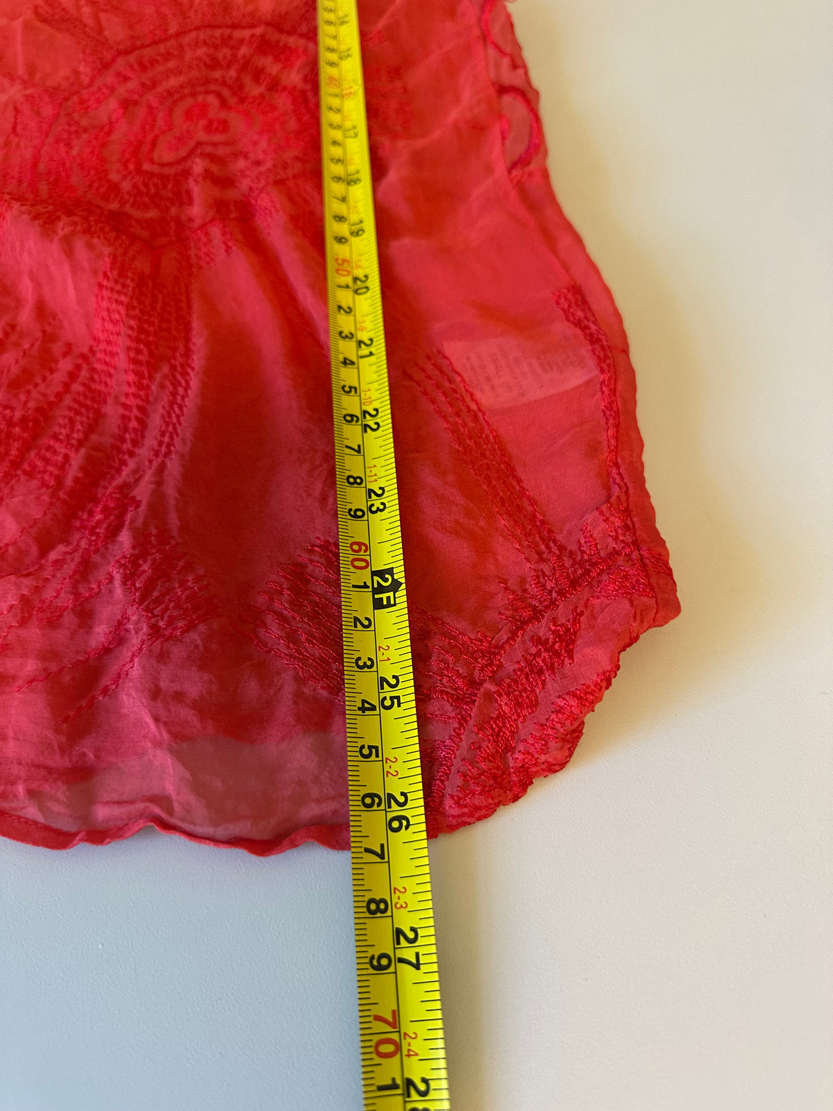 Language Red 100% Silk Embroidered V-Neck Sheer Blouse | Size Small