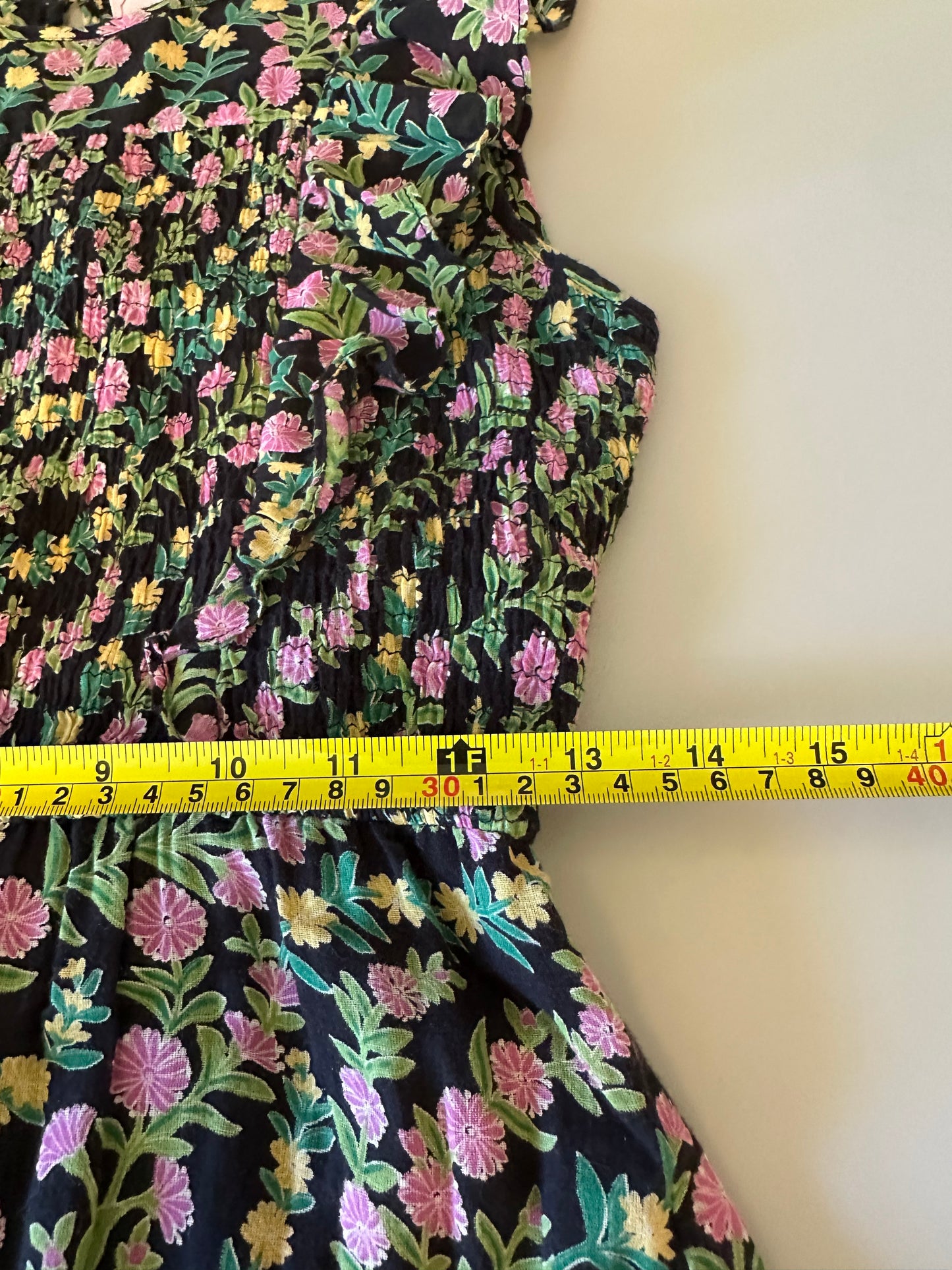 Banjanan Iris Black Floral Smocked Ruffle Tiered Maxi Dress | Size Small