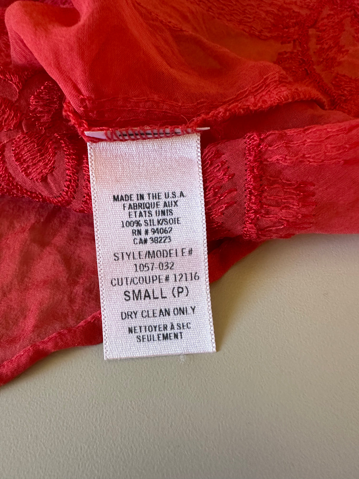 Language Red 100% Silk Embroidered V-Neck Sheer Blouse | Size Small