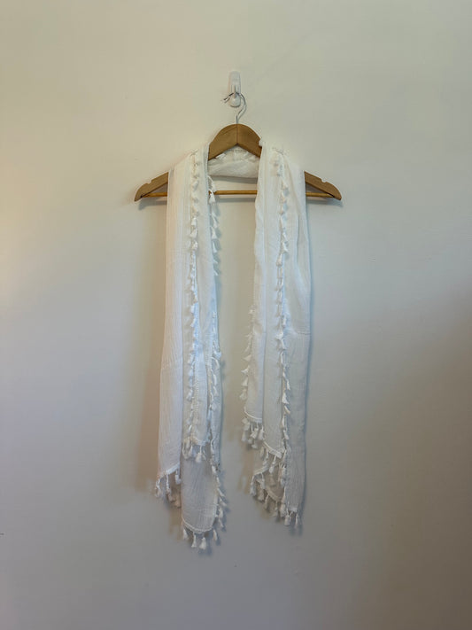 White Gauze Lightweight Tassel Fringe Crinkle Wrap Scarf | One Size