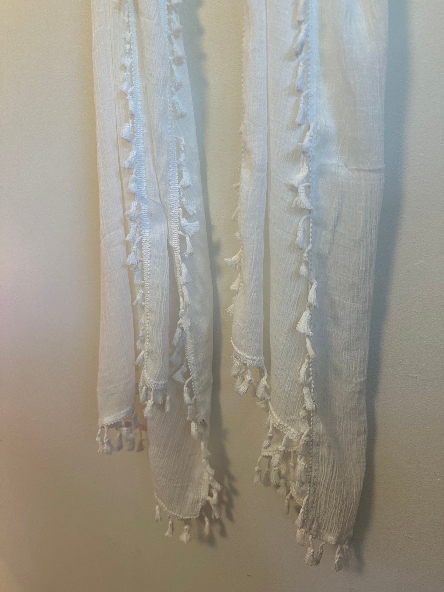 White Gauze Lightweight Tassel Fringe Crinkle Wrap Scarf | One Size