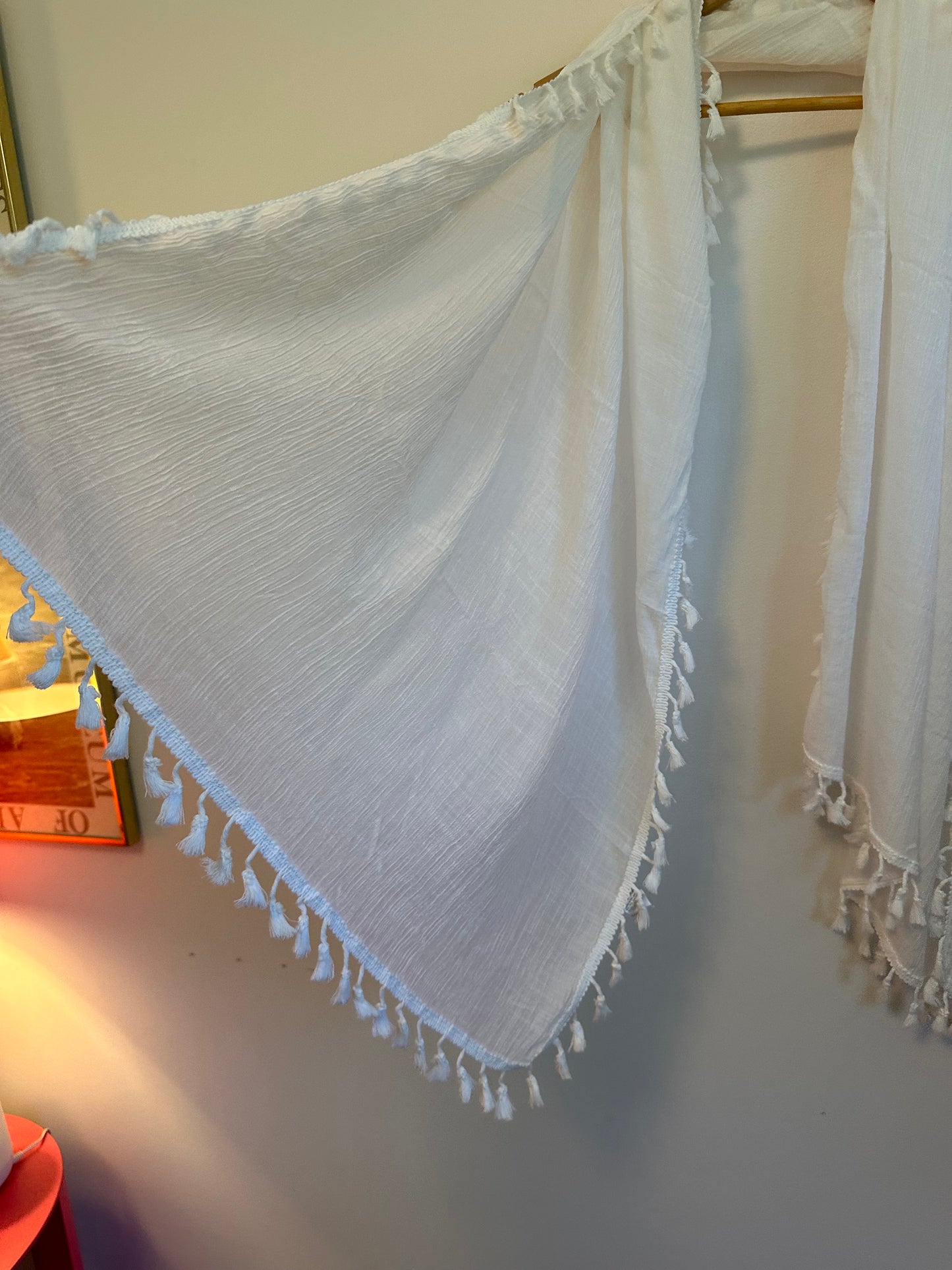 White Gauze Lightweight Tassel Fringe Crinkle Wrap Scarf | One Size