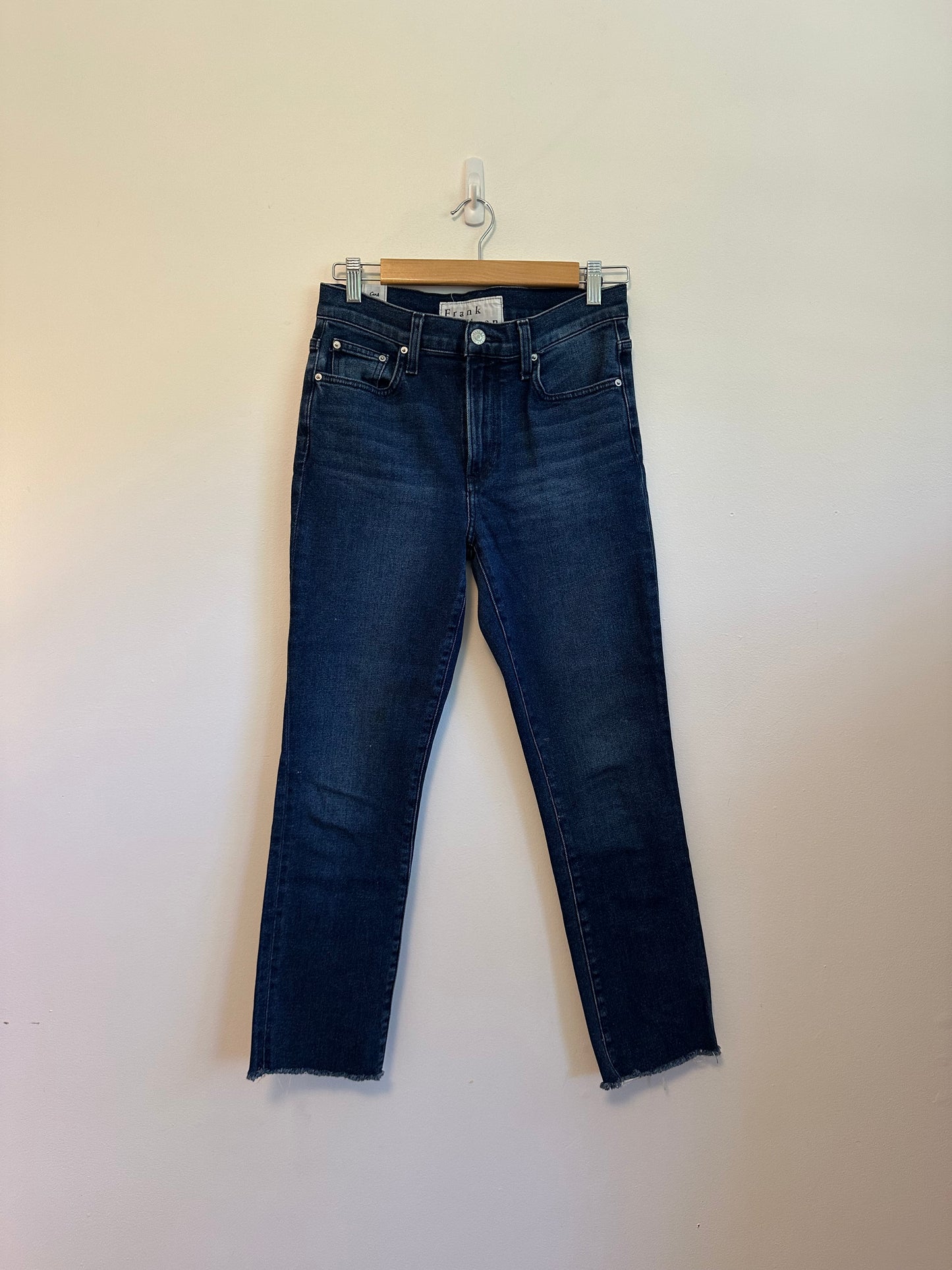 Frank & Eileen Cork High Rise Slim Straight Raw Hem Jeans in Dark Indigo | Size 26