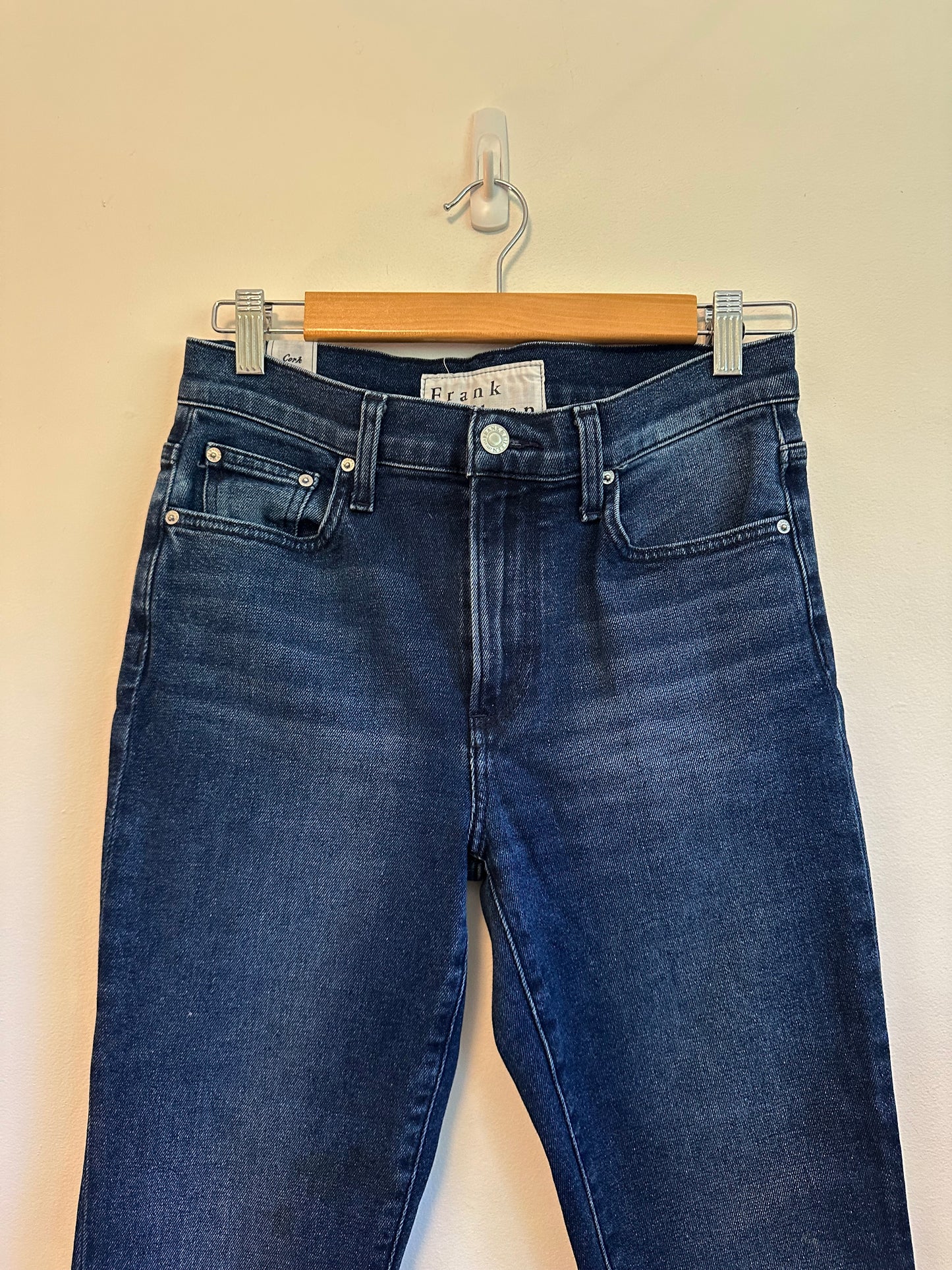 Frank & Eileen Cork High Rise Slim Straight Raw Hem Jeans in Dark Indigo | Size 26