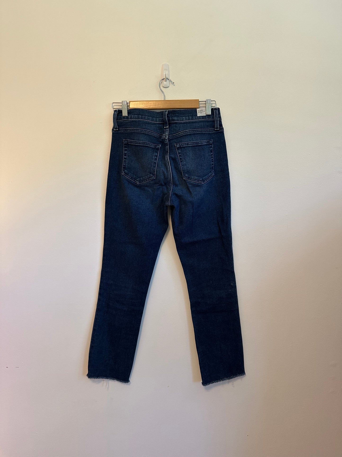 Frank & Eileen Cork High Rise Slim Straight Raw Hem Jeans in Dark Indigo | Size 26