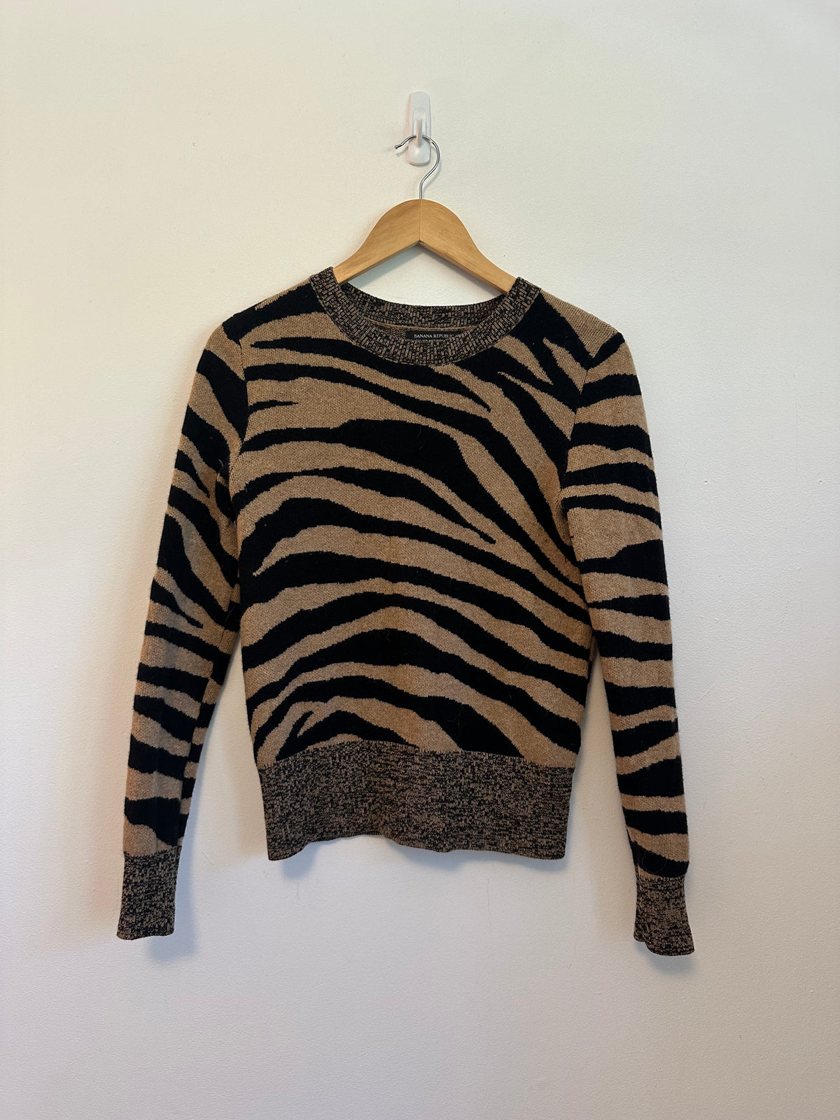 Banana Republic Italian Merino Blend Zebra Print Sweater in Tan and Black | Size Small
